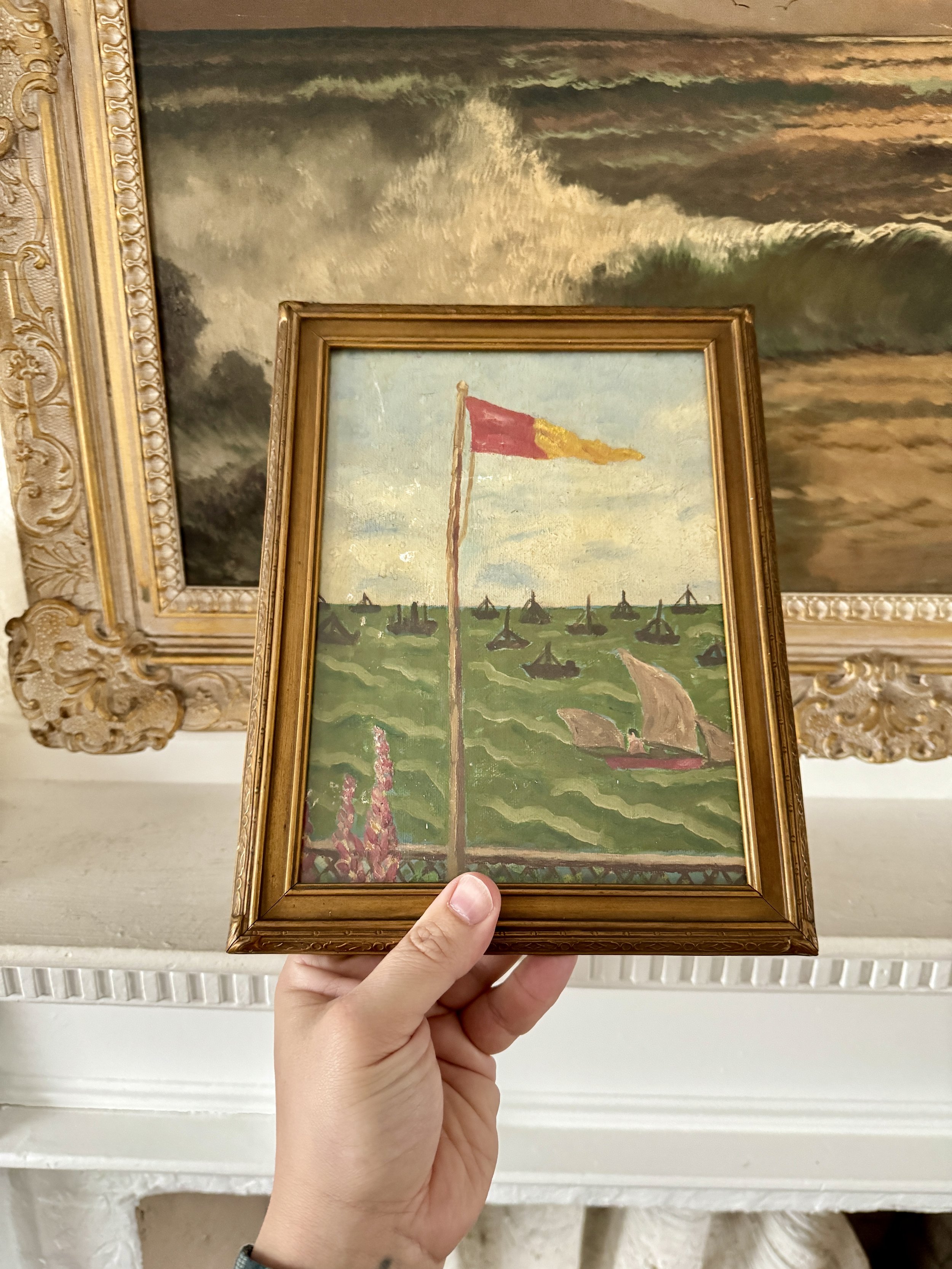 1968 salvaged folk-art painting after monet, nautical flag