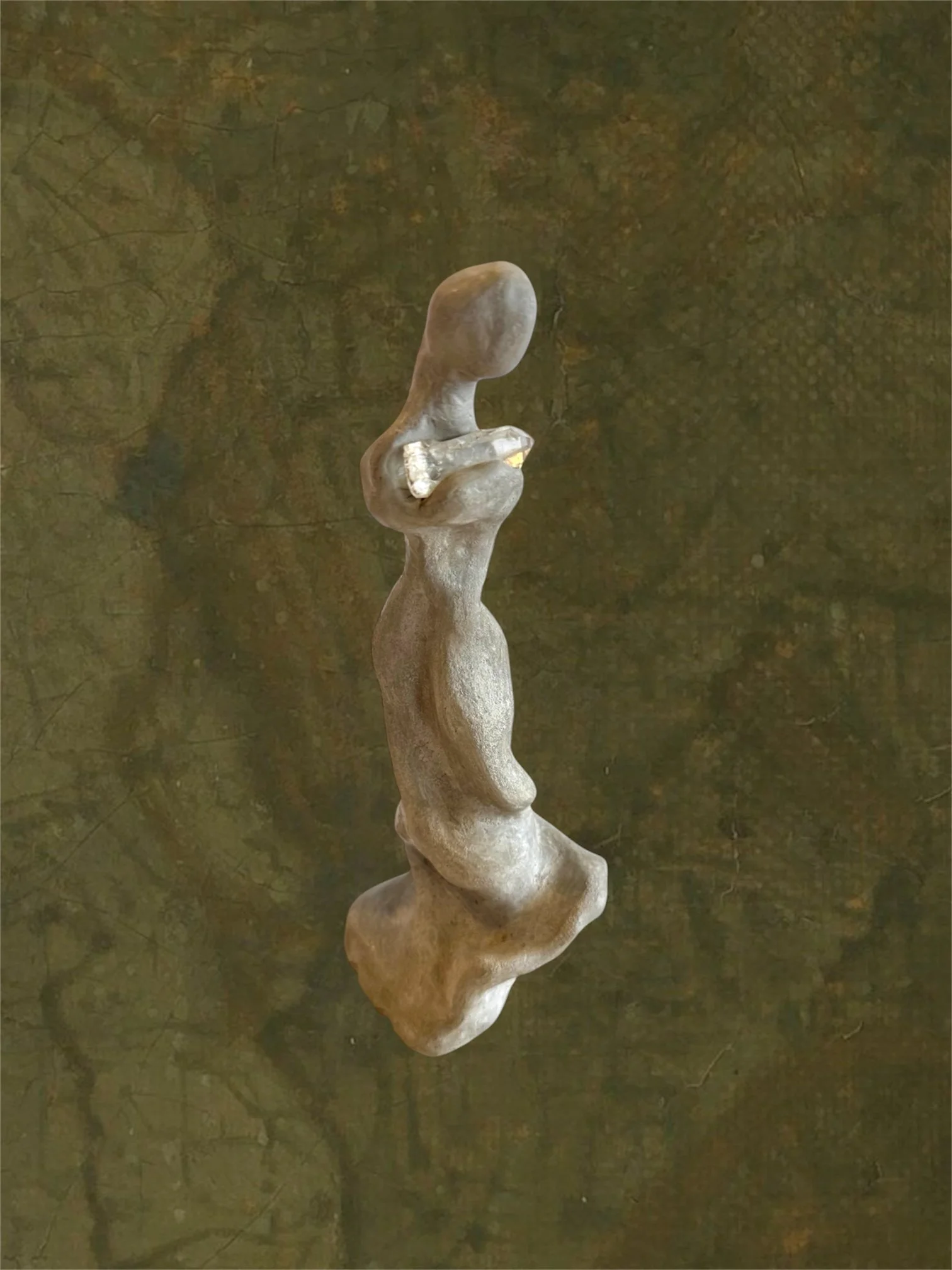clay figure sculpture with quartz crystal, vintage