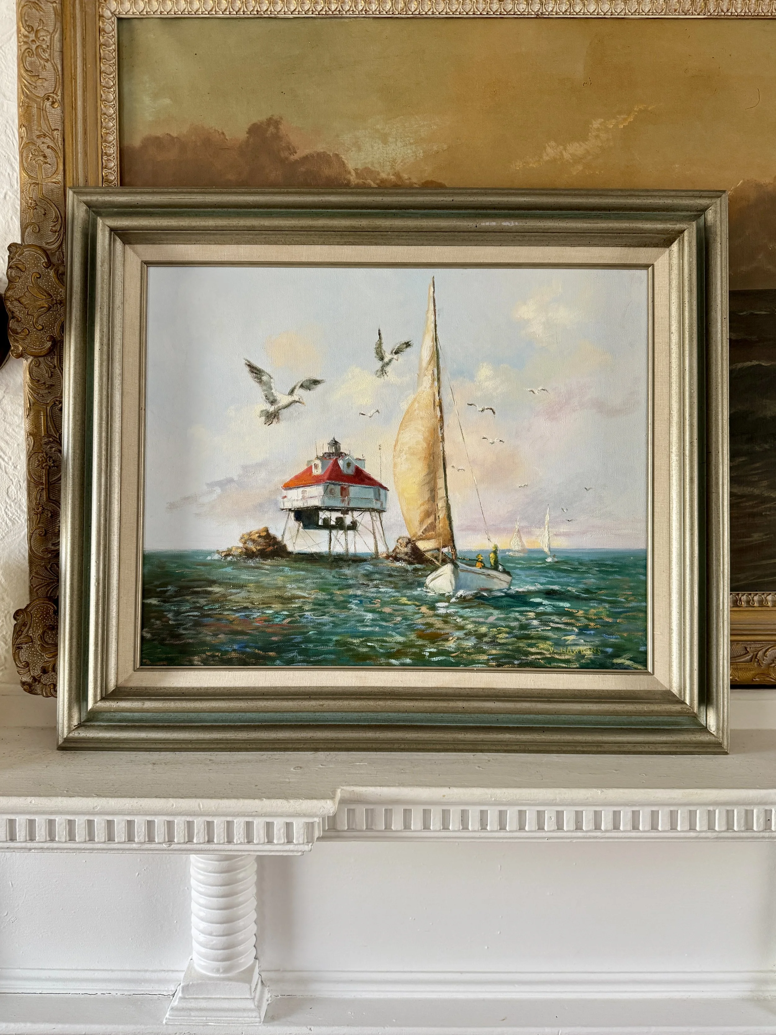 vintage thomas point lighthouse painting by v. hawkins