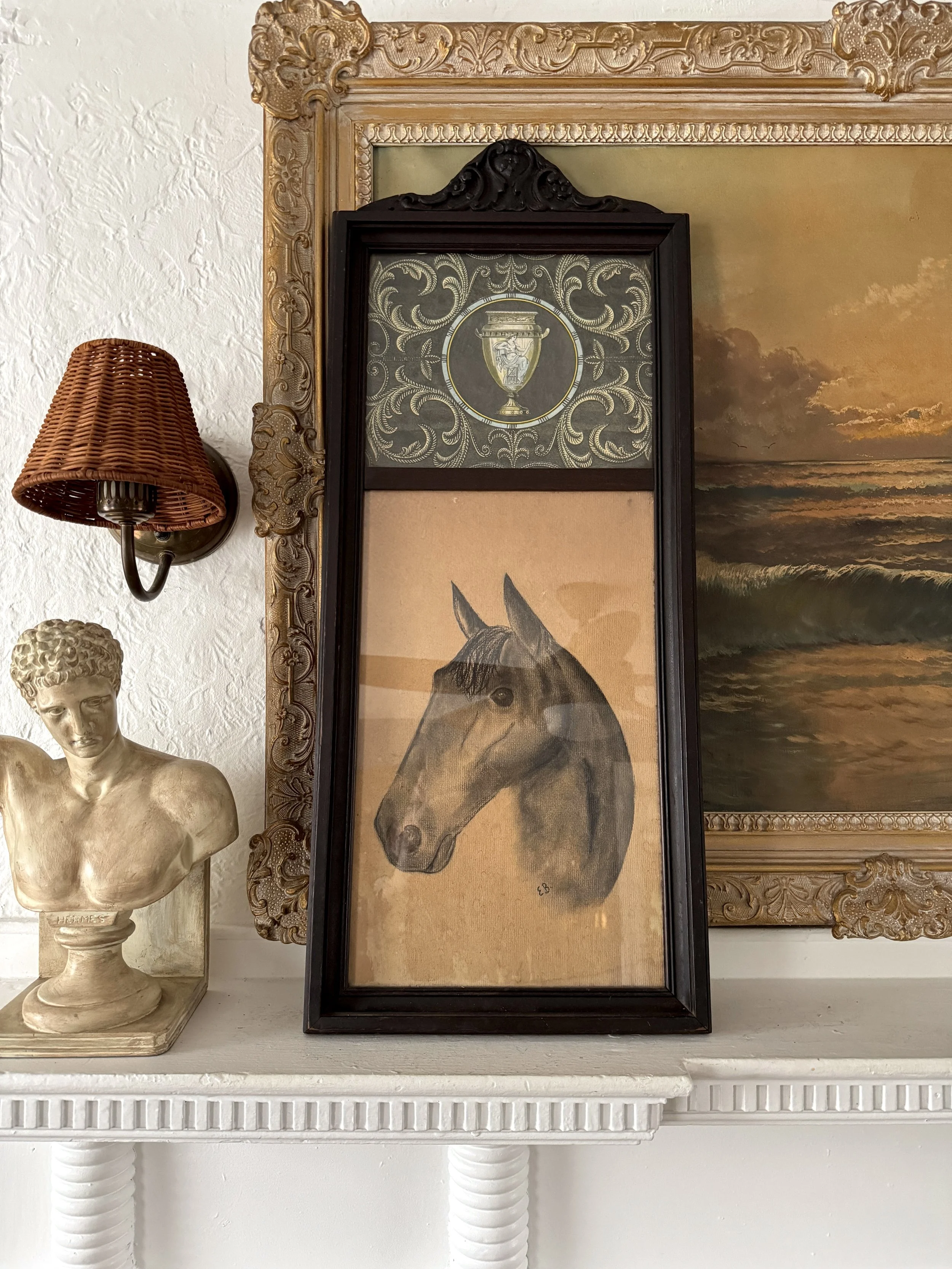 early 20th century dual framed charcoal horse portrait