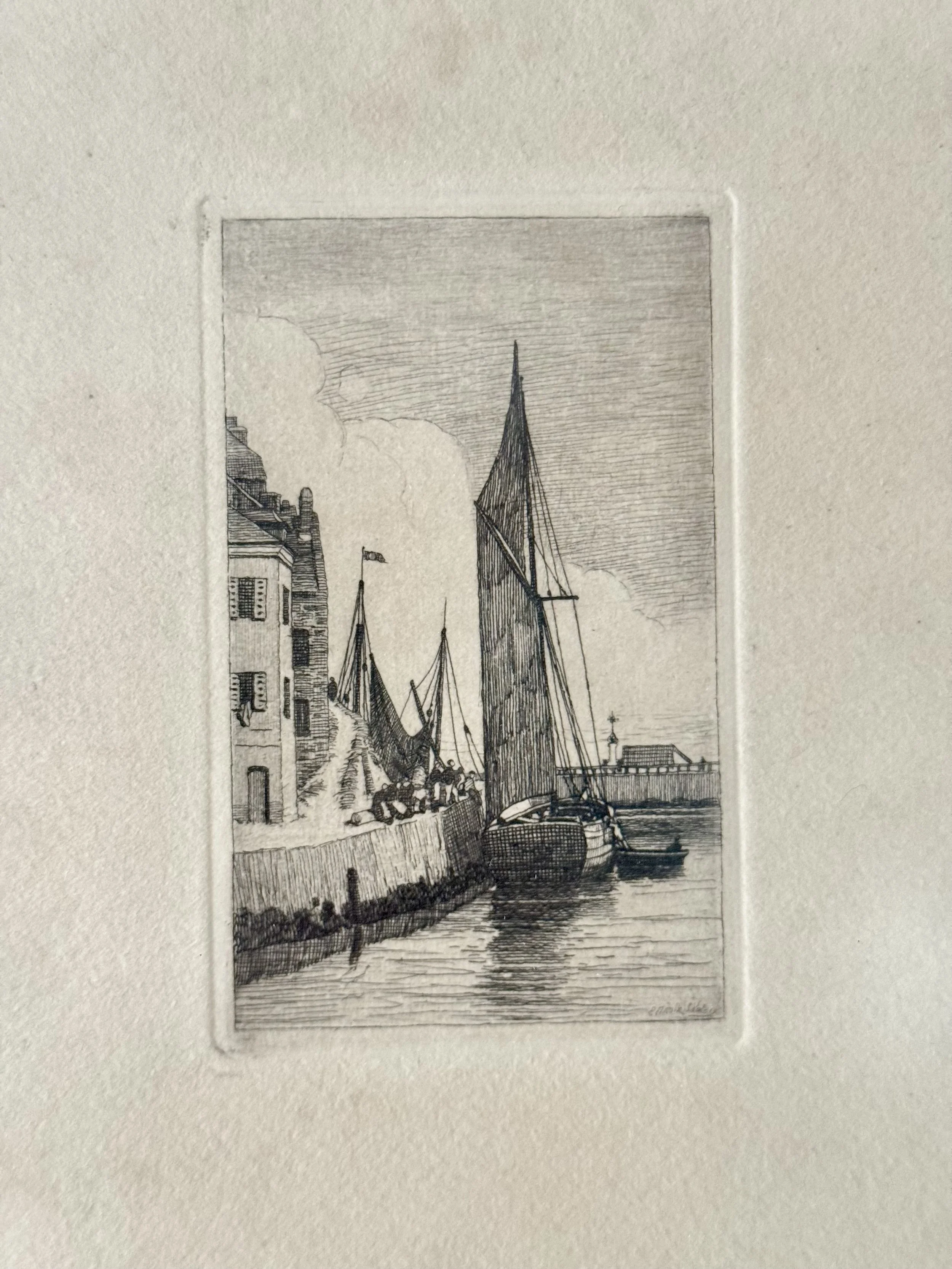rare restrike boat etching by emile-frédéric nicolle, vintage