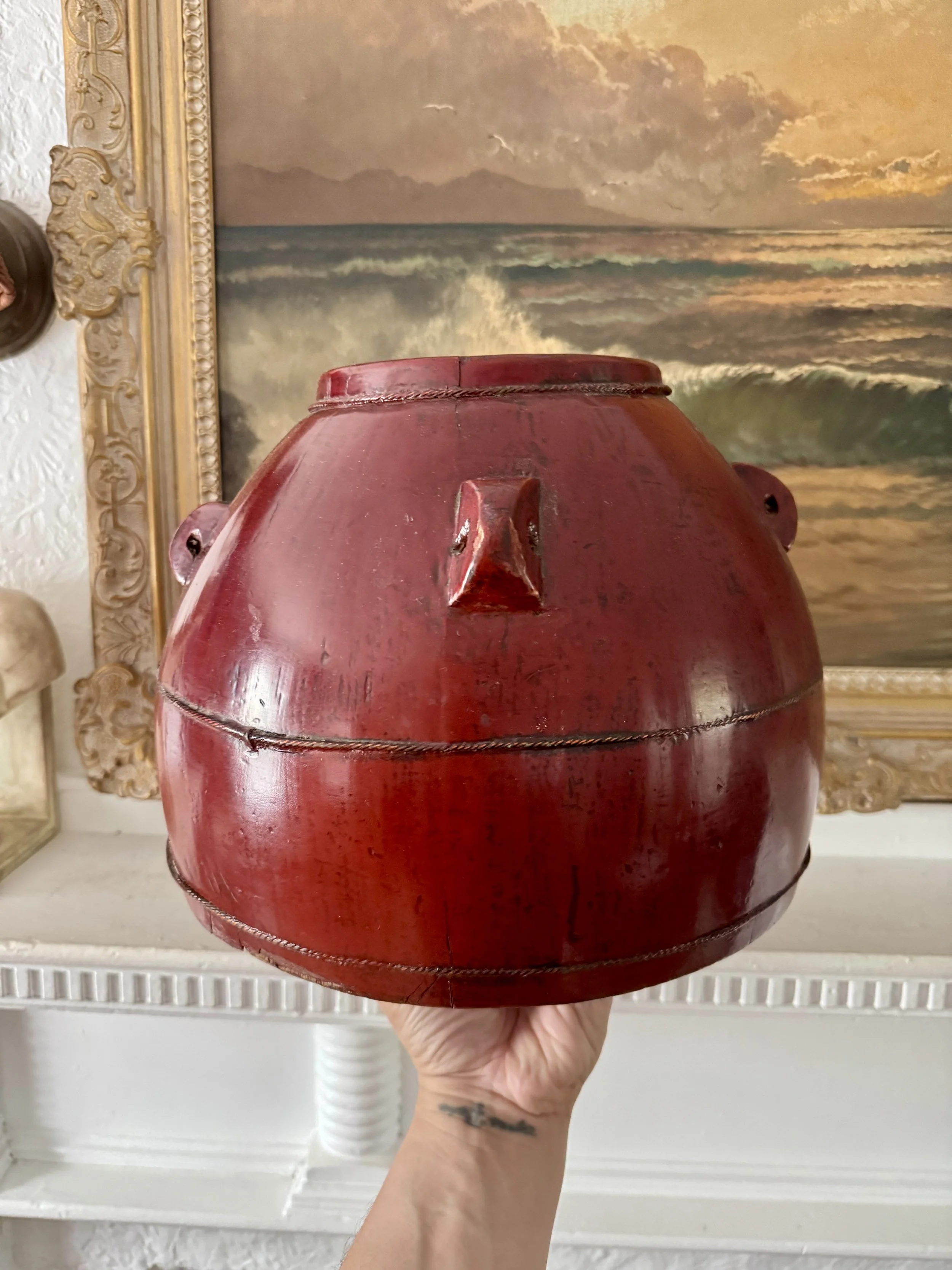antique lacquered wood rice vessel
