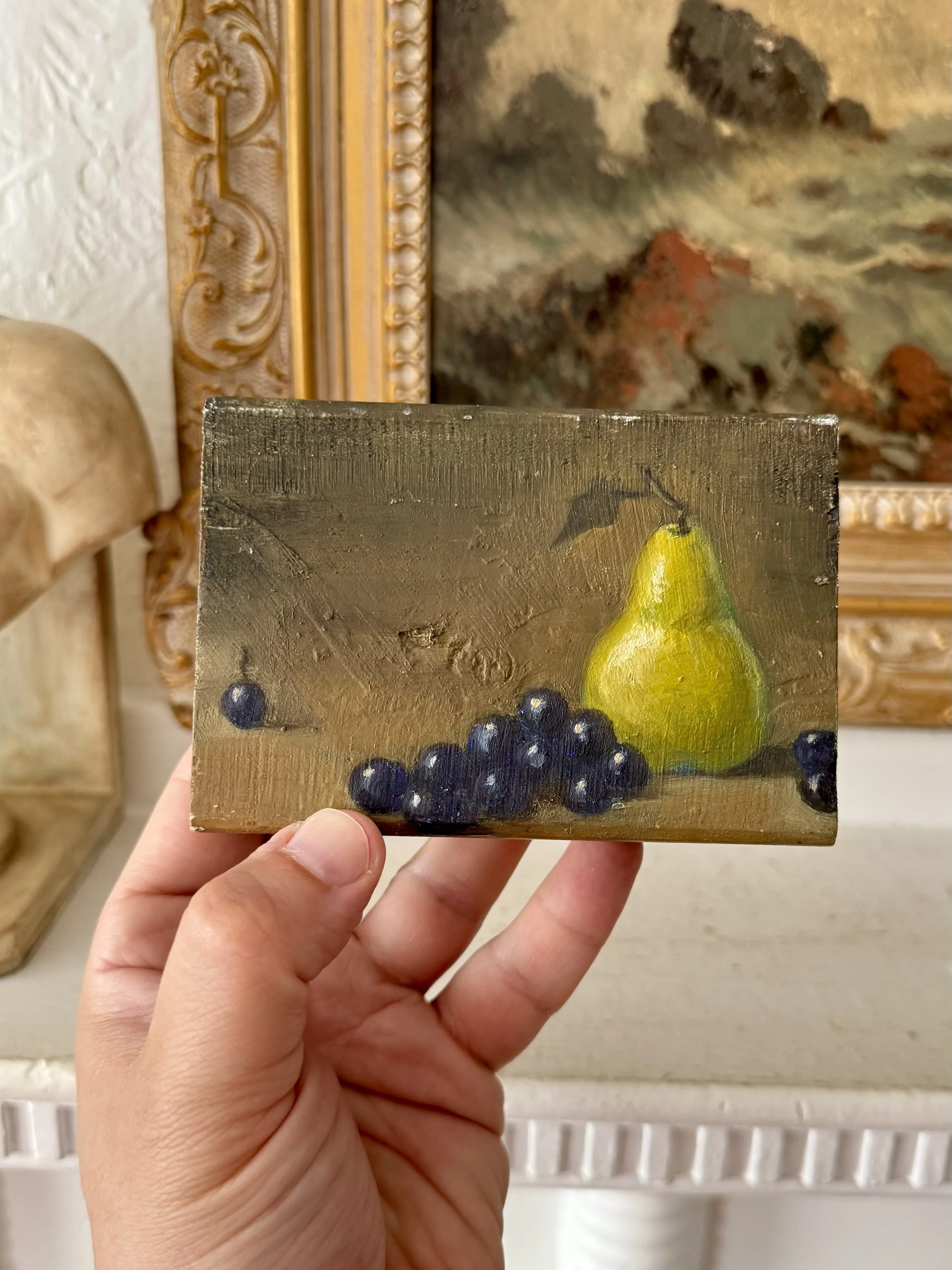 pears & berries oil painting on wood by sue barrasi