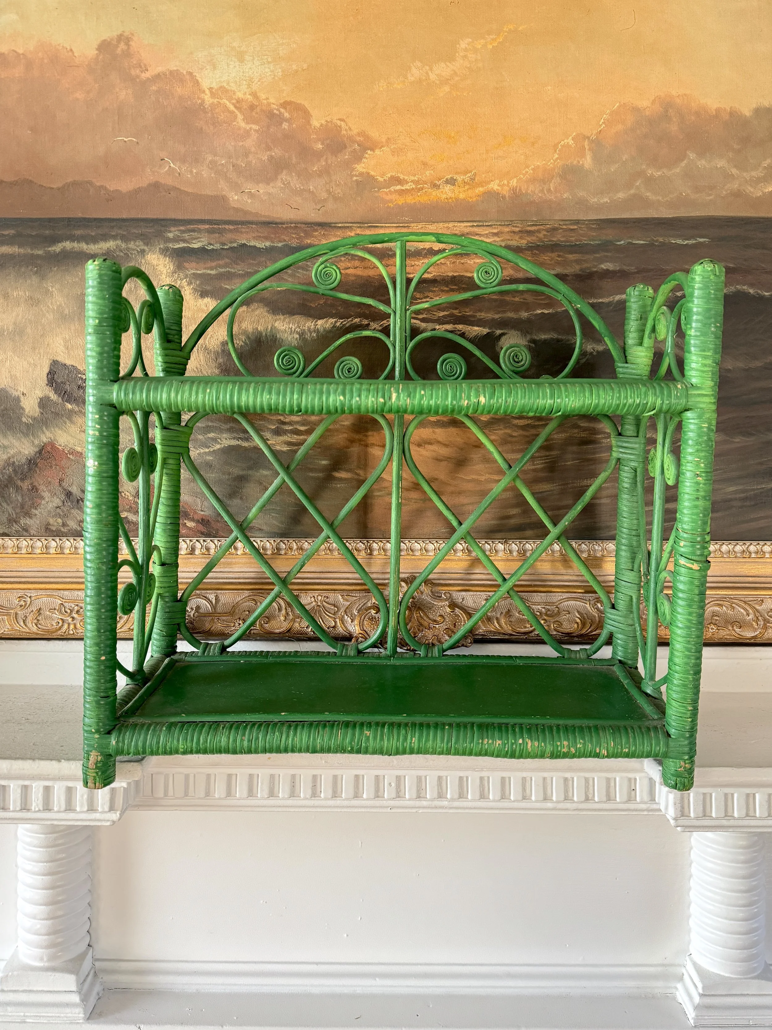 1970s green rattan table or wall shelf