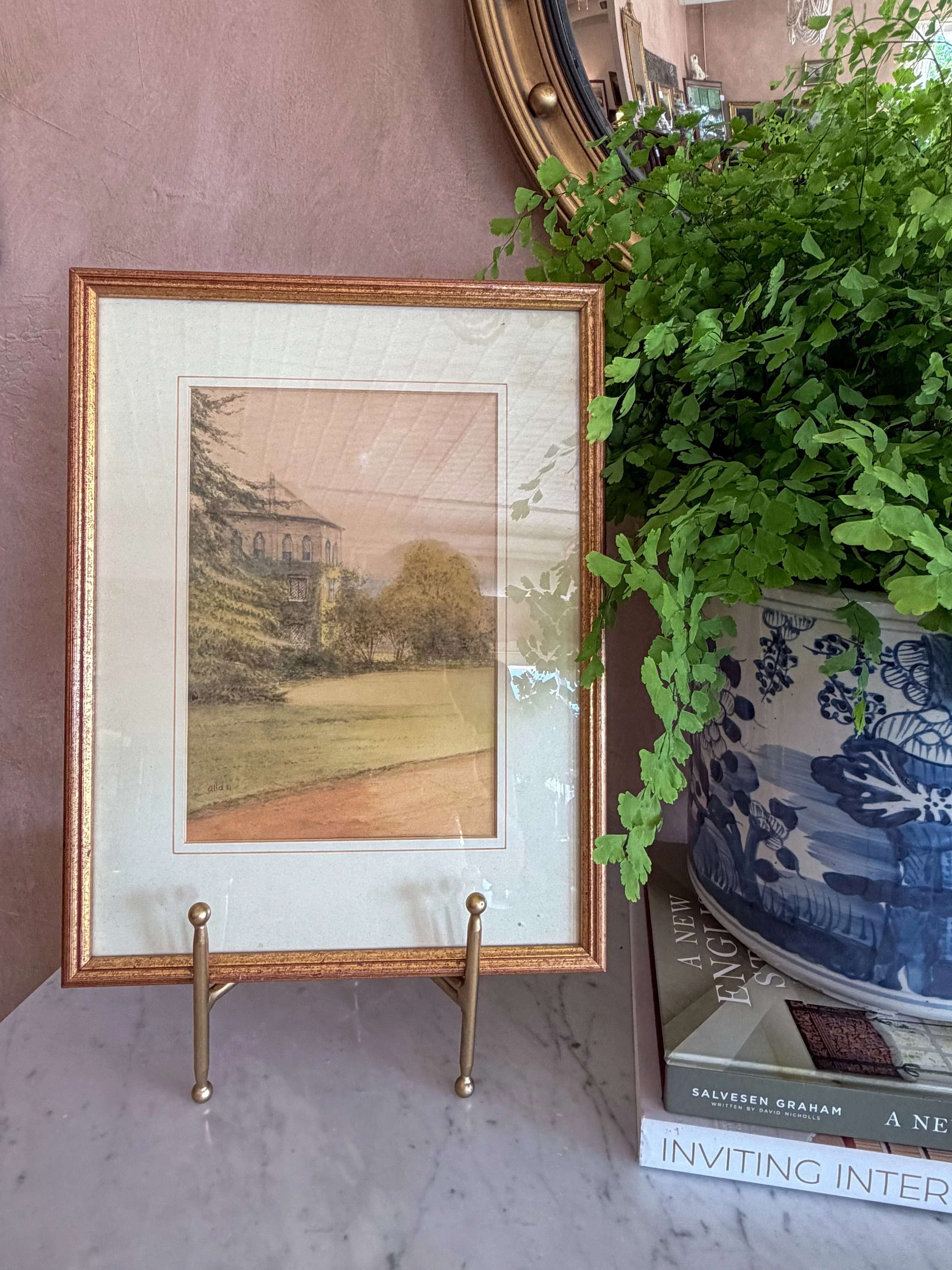 FRAMED ENGLISH STATELY HOME WATERCOLOR