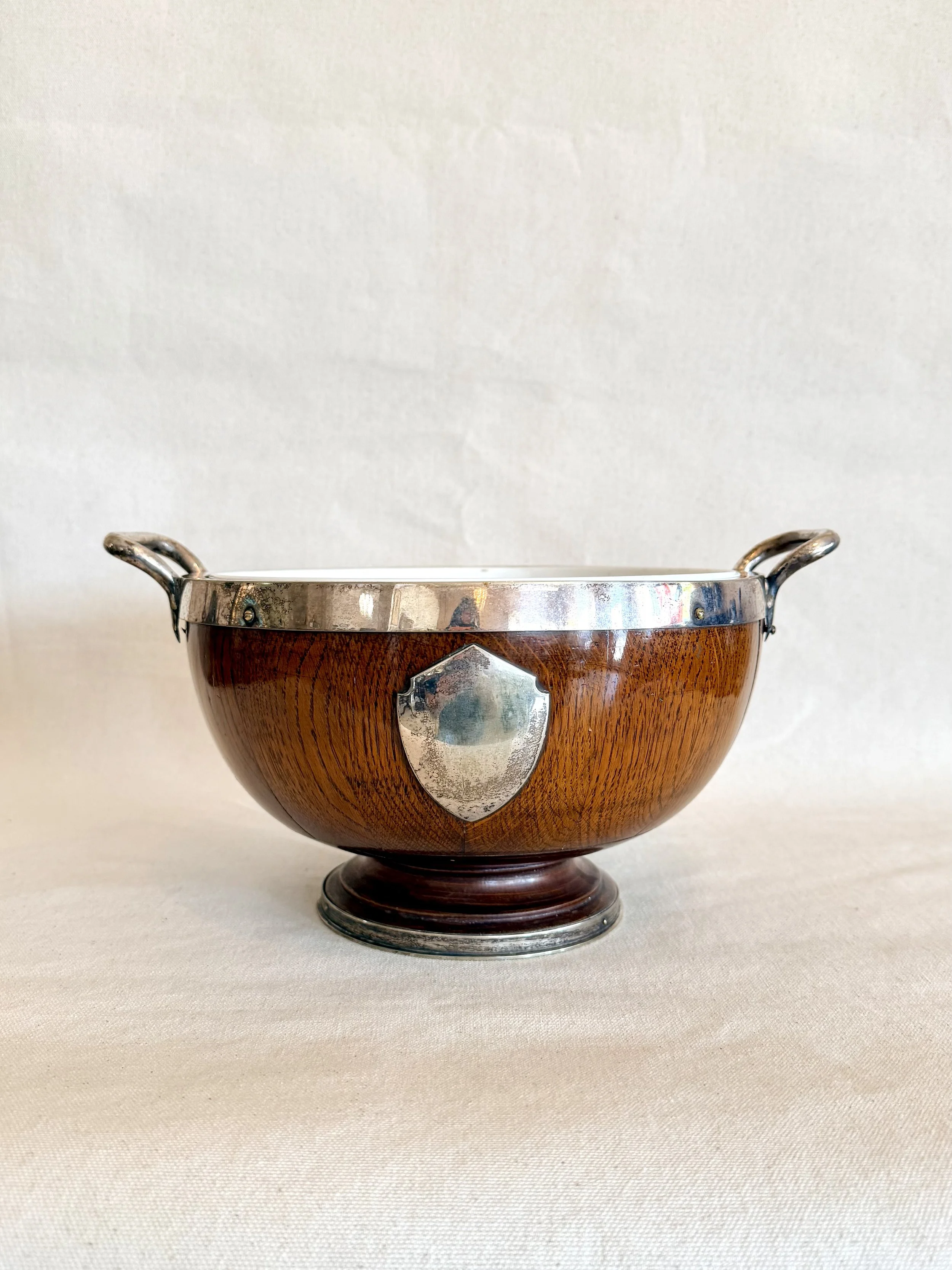 ANTIQUE ENGLISH OAK AND SILVER PLATED TROPHY BOWL