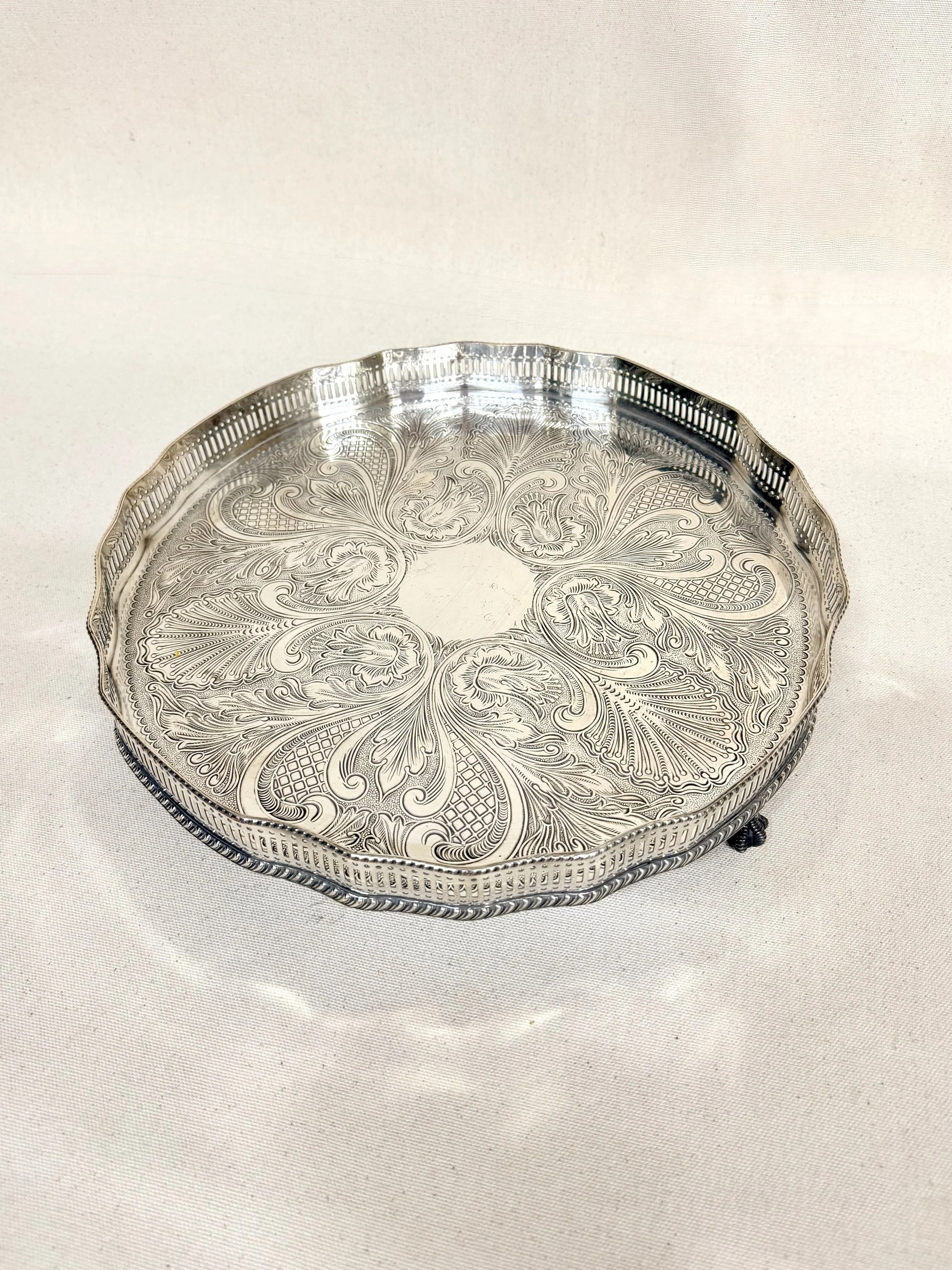 SILVER PLATED GALLERY TRAY WITH CLAW FEET