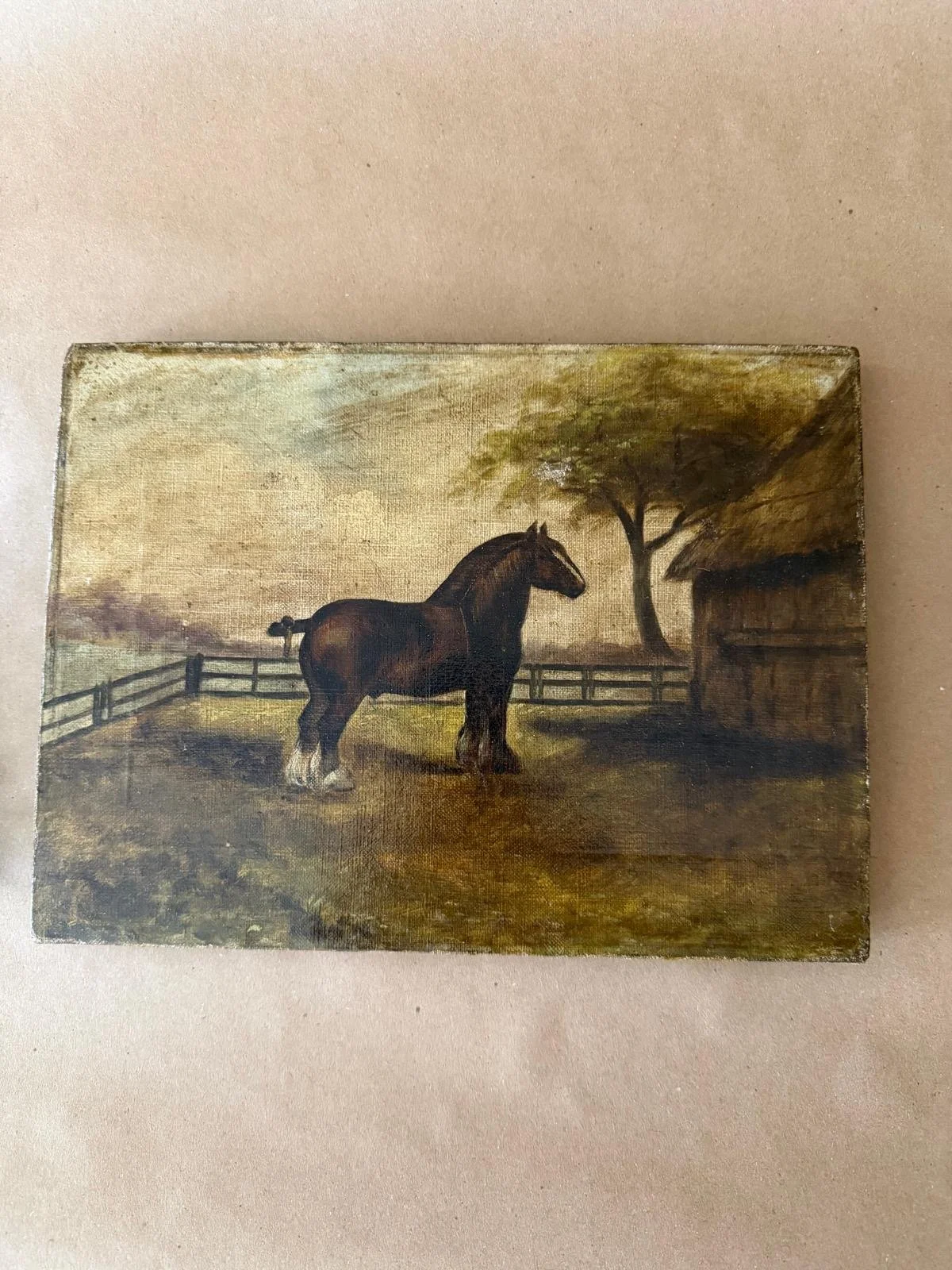 19TH CENTURY OIL PAINTING OF DRAFT HORSE IN PADDOCK