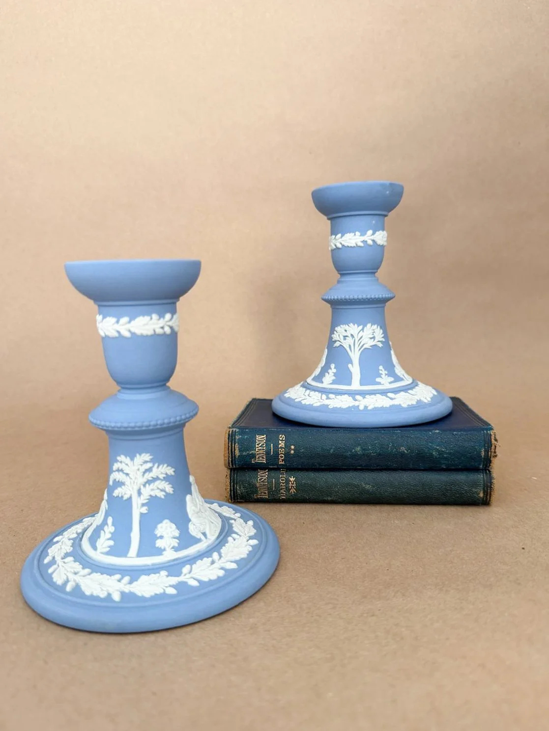 PAIR OF BLUE WEDGWOOD JASPERWARE CANDLESTICKS