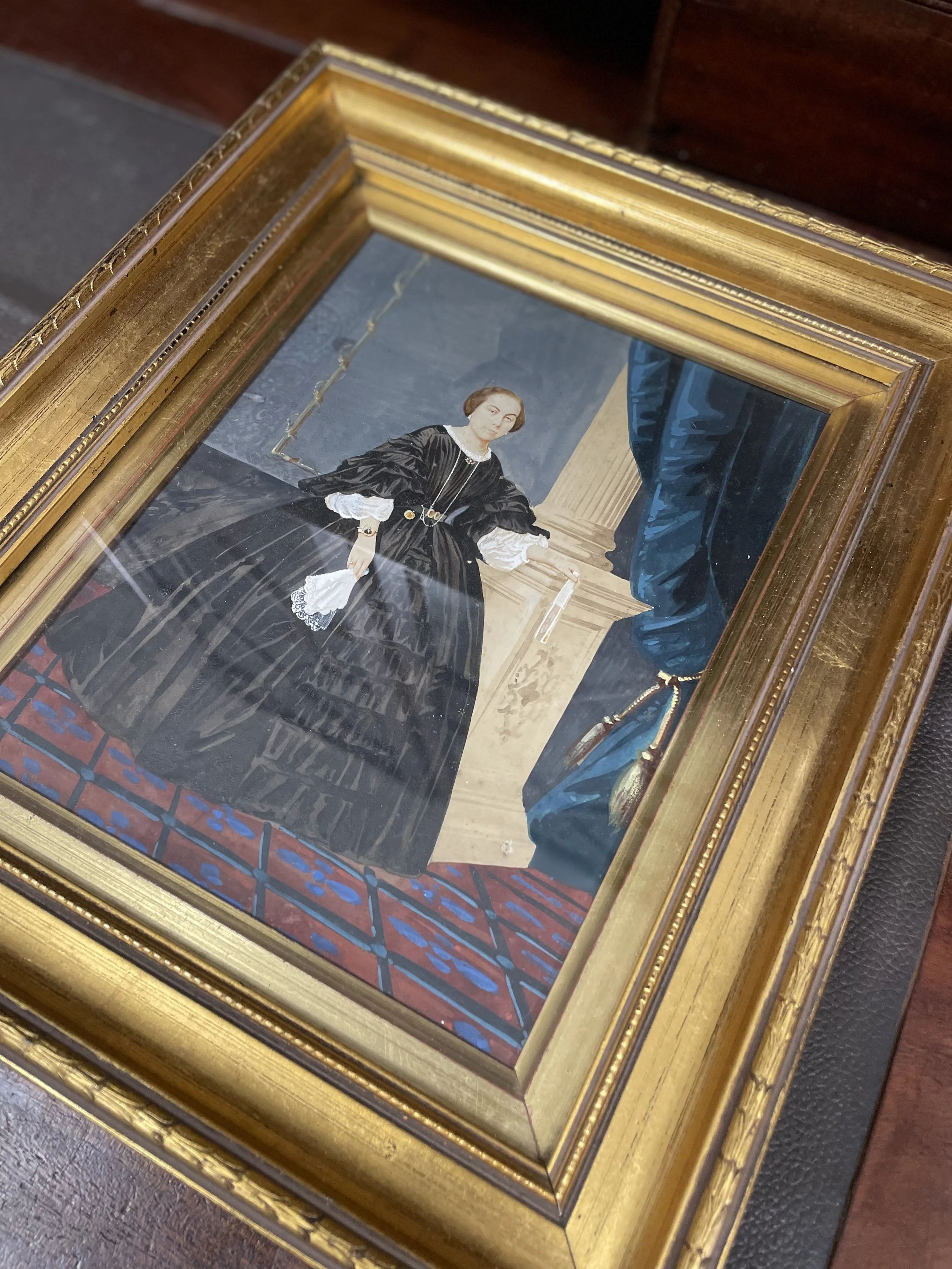 CONTINENTAL FRAMED OIL PAINTING: LADY IN THE BLACK DRESS