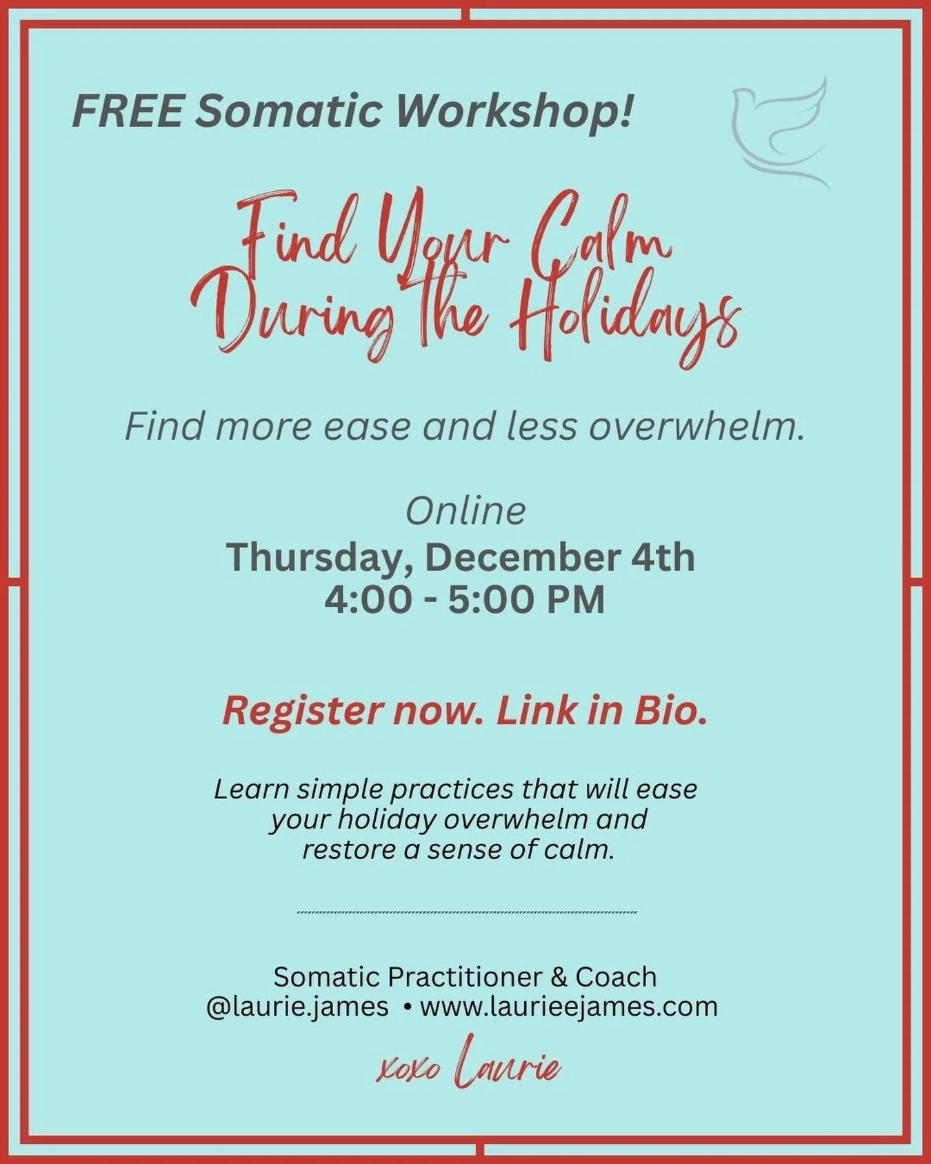✨ The holidays can be joyful&hellip; and also overwhelming.
 If your nervous system is already feeling the pressure, I&rsquo;m offering a FREE Somatic workshop to help you through!! 💛
 Join me for a grounding session where I&rsquo;ll walk you throug