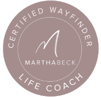 Logo with text 'Certified Wayfinder Life Coach' surrounding a stylized 'M' and 'Martha Beck' in the center.