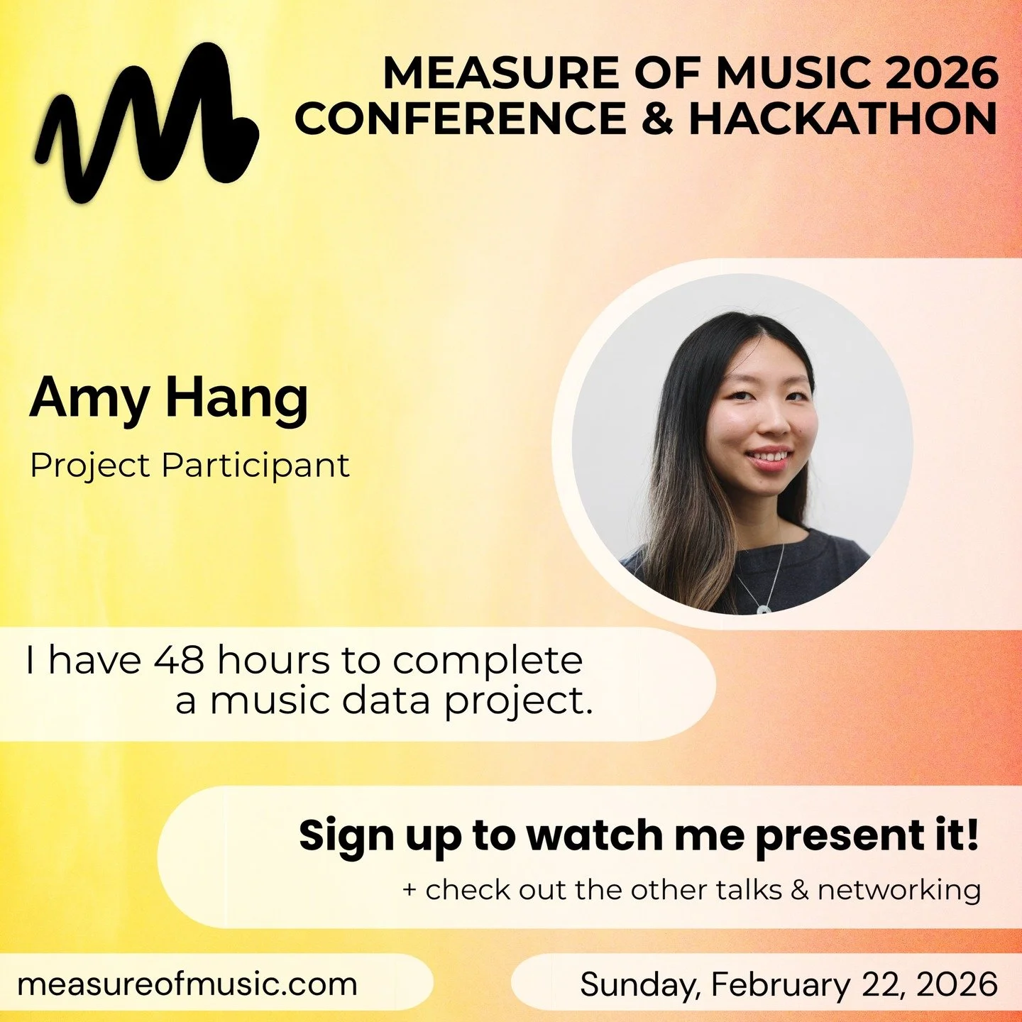 So excited to learn more about data in music and evolve my digital marketing and design skills in this weekend's @measureofmusic conference and hackathon!

I have 48 hours to complete a music data project. I'll be helping an artist build a website, m