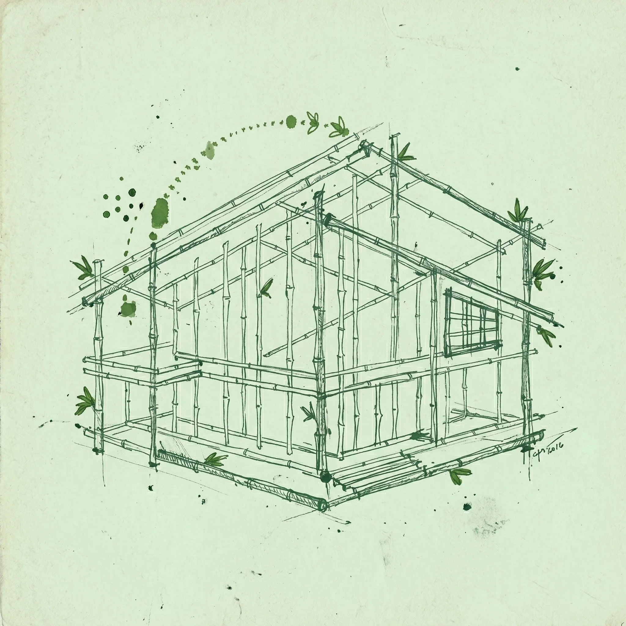A detailed architectural sketch of a building frame with bamboo poles, green ink splatters, and small decorative leaves.