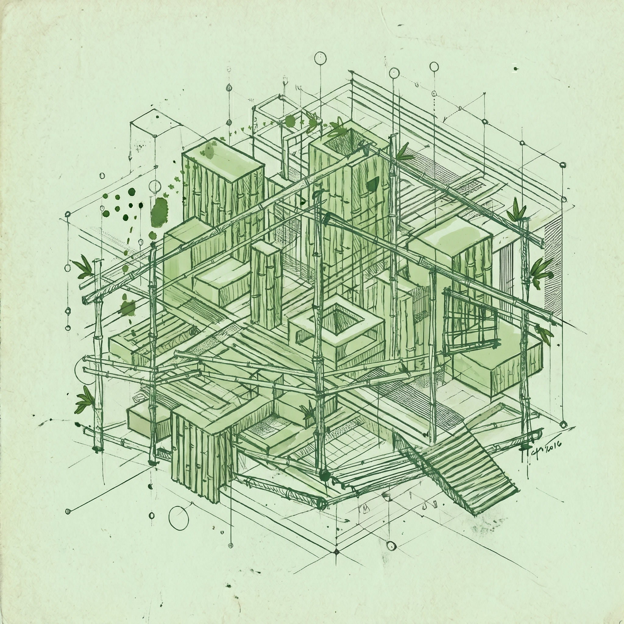 Technical drawing of a complex architectural or structural design with various interconnected platforms, scaffolding, plants, and geometric shapes, with some green ink marks and splatters.