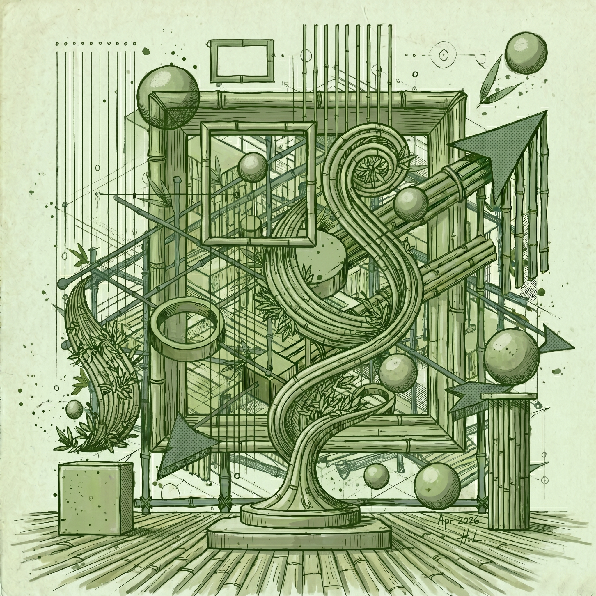 A detailed scientific sketch of an underground water slide with pipes, spheres, and plant elements, signed 'Apr 2026'.