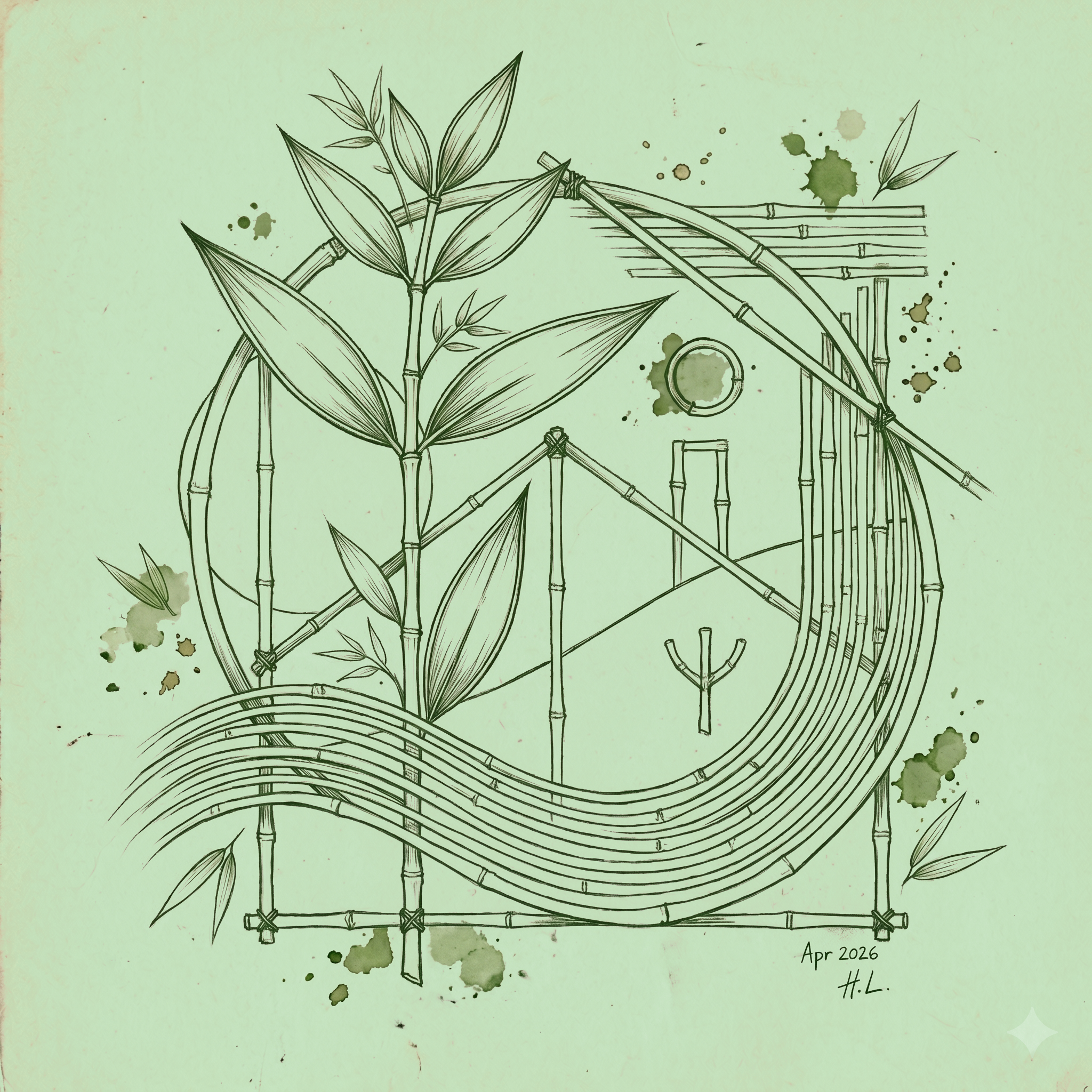 A hand-drawn illustration of a bamboo garden with lush green leaves, some ink splatters, and a handwritten note that reads 'Apr 2026 H.L.' at the bottom right corner.