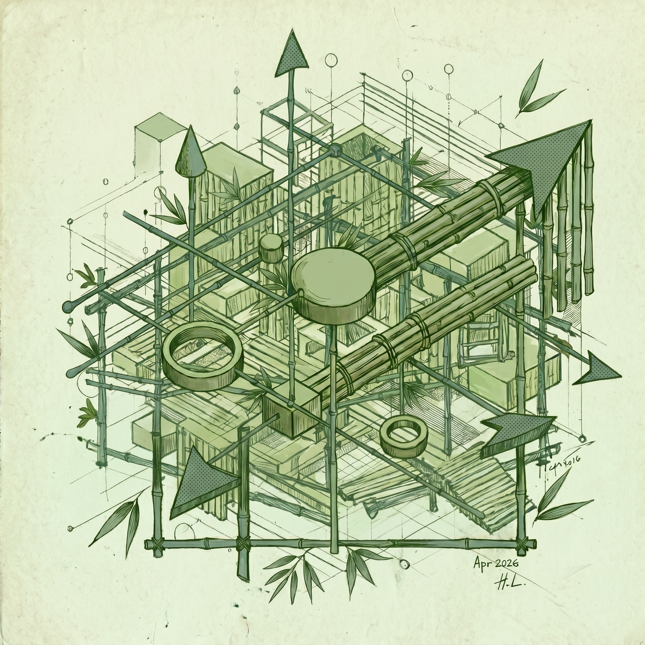 A detailed architectural sketch of a bamboo structure with ladders, platforms, and various elements, dated April 2026.