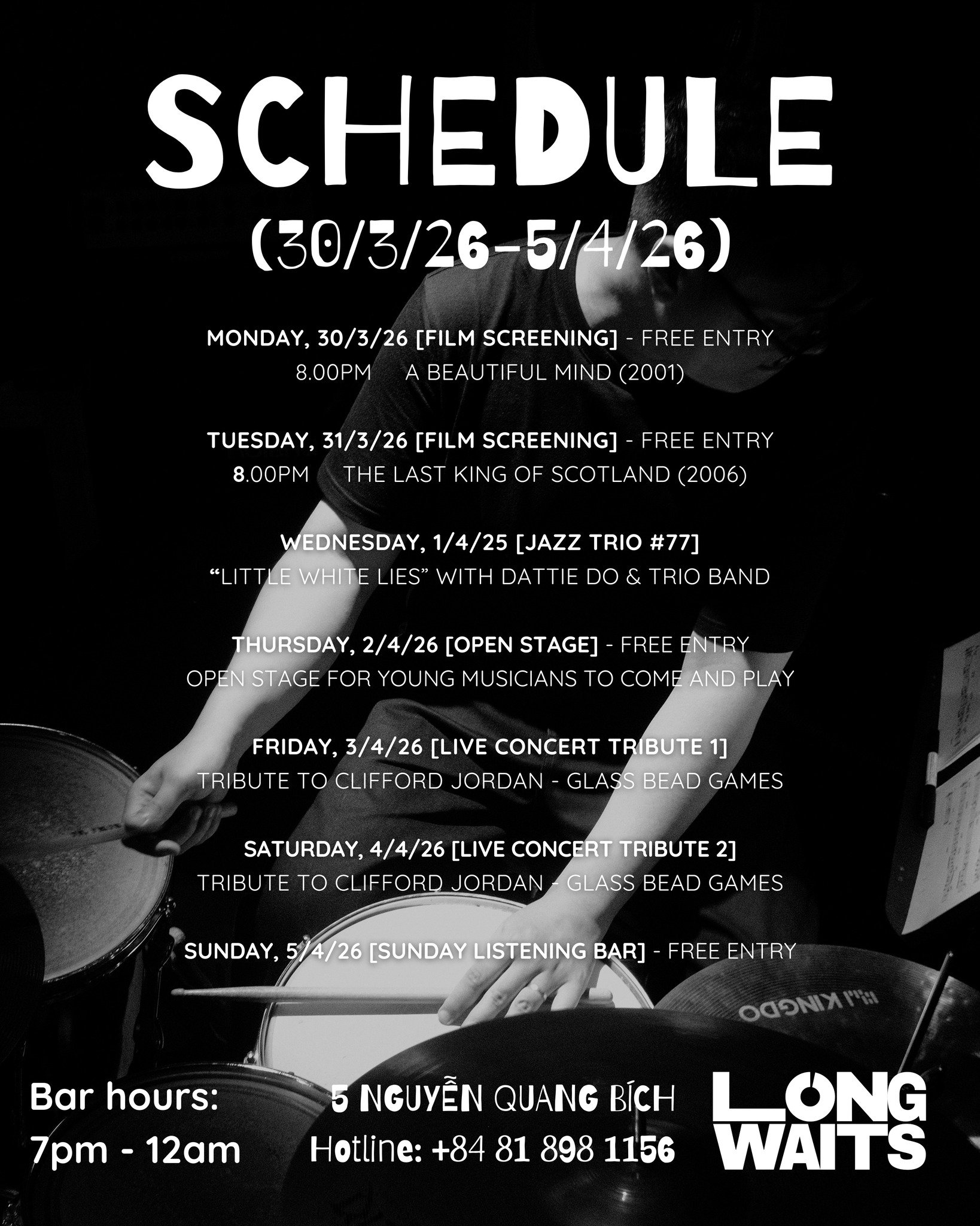 Weekly schedule 30/3/2026 - 5/4/2026