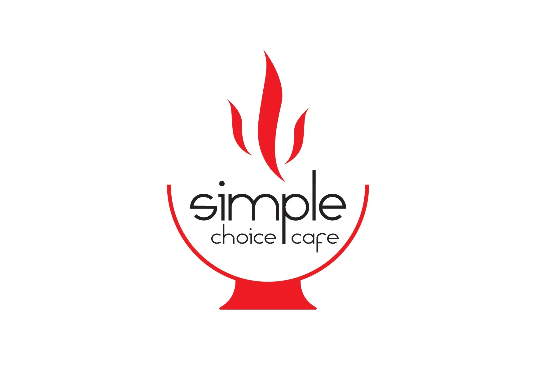 Logo for Simple Choice Cafe featuring a stylized red flame above the text 'simple choice cafe' with a red semi-circular design below.