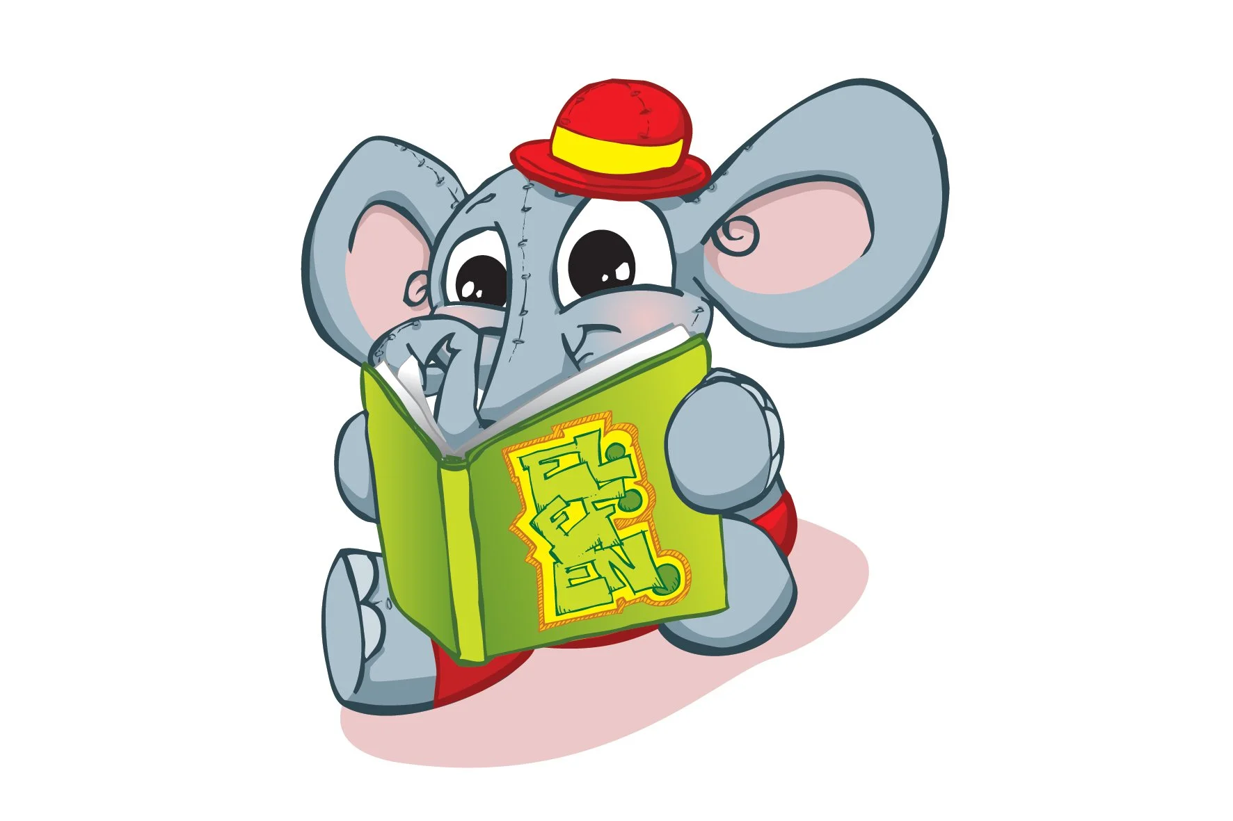 Cute cartoon elephant wearing a red hat with a yellow band, holding a green book with yellow and red lettering, sitting on the ground.