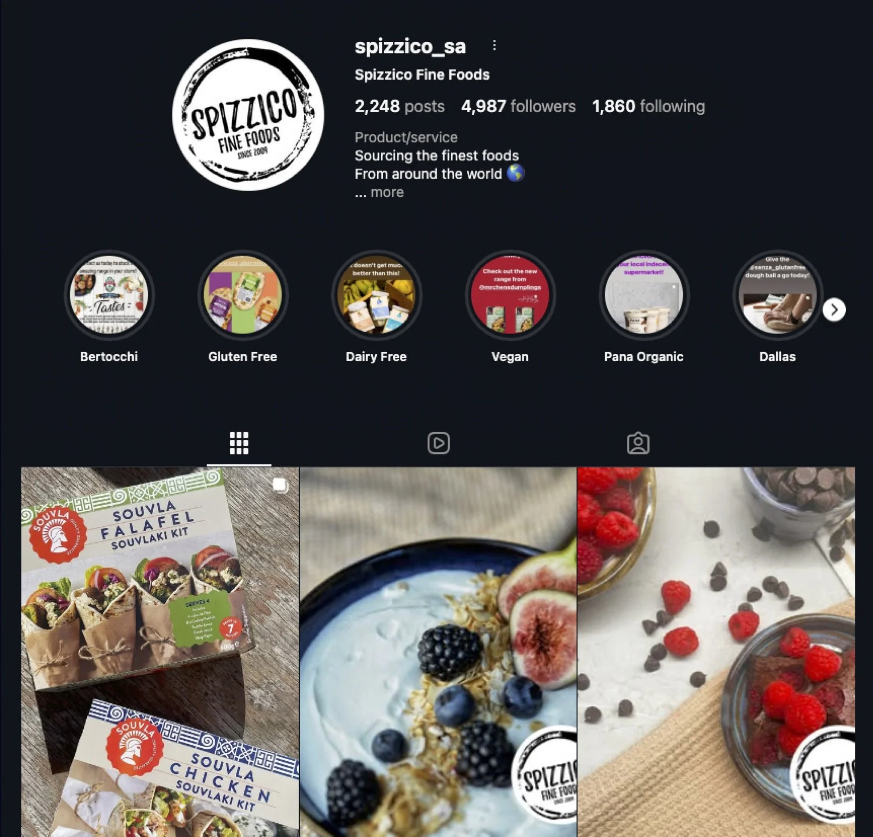 Instagram profile page for Spizzico Fine Foods with a logo, followers, and highlight categories, including food product images such as falafel, yogurt with berries, and bowls of raspberries and chocolates.