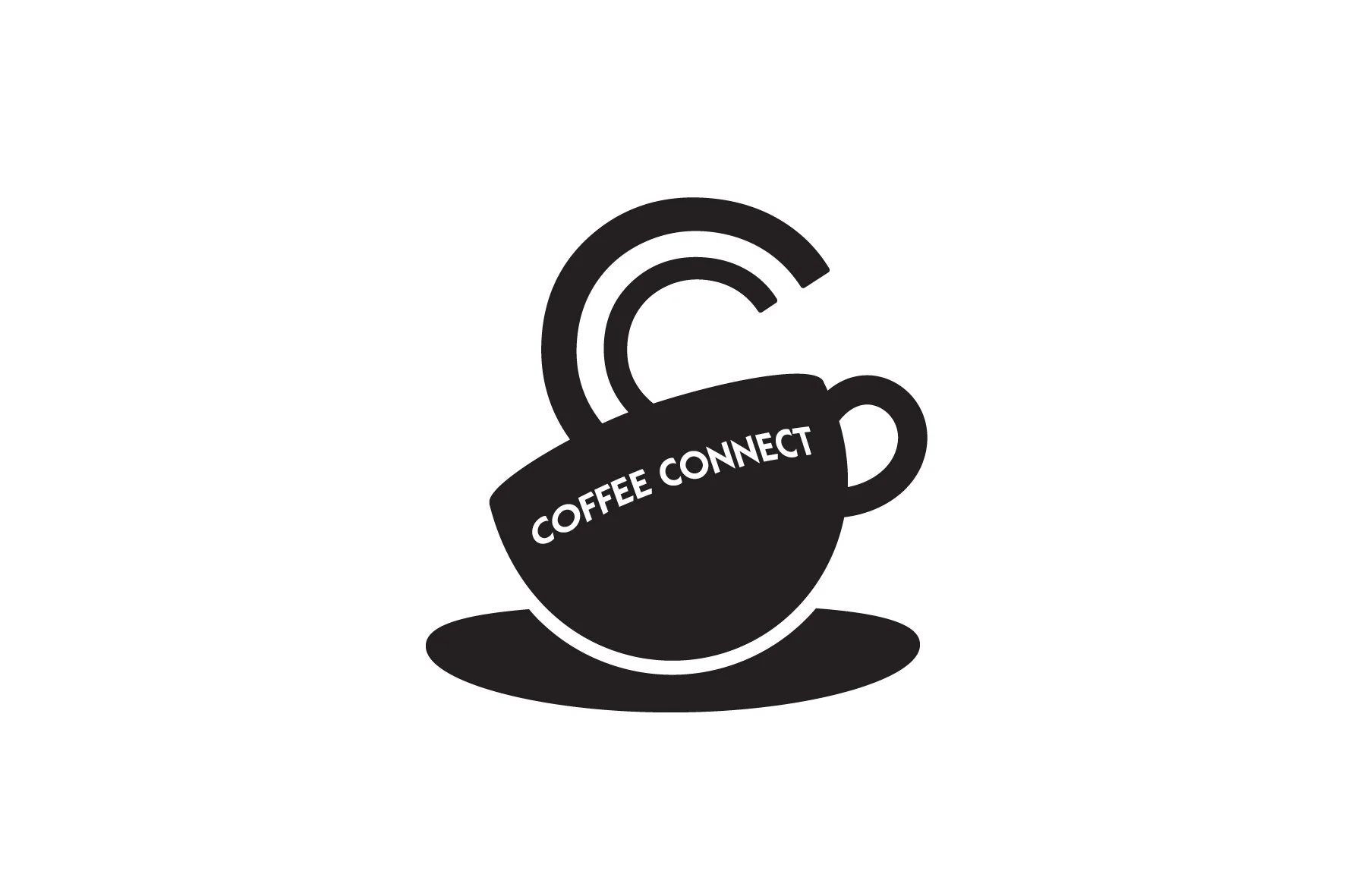 Black and white logo with a coffee cup and Wi-Fi signal, with the words 'Coffee Connect' on the cup.