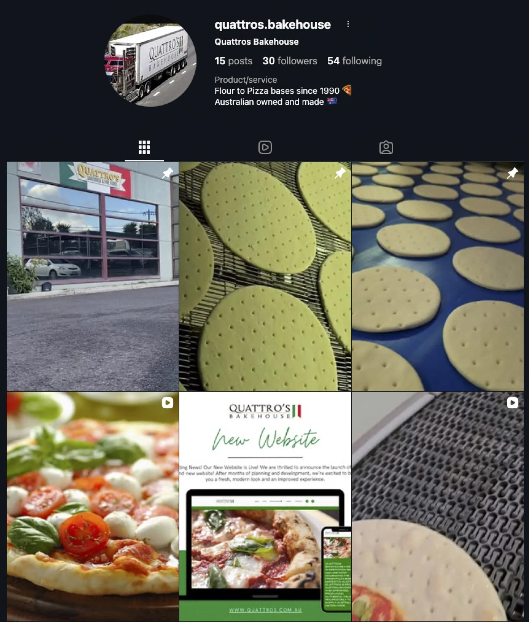 Instagram profile of Quattro's Bakehouse showing images of pizza dough, baked pizza, and the bakery store front.