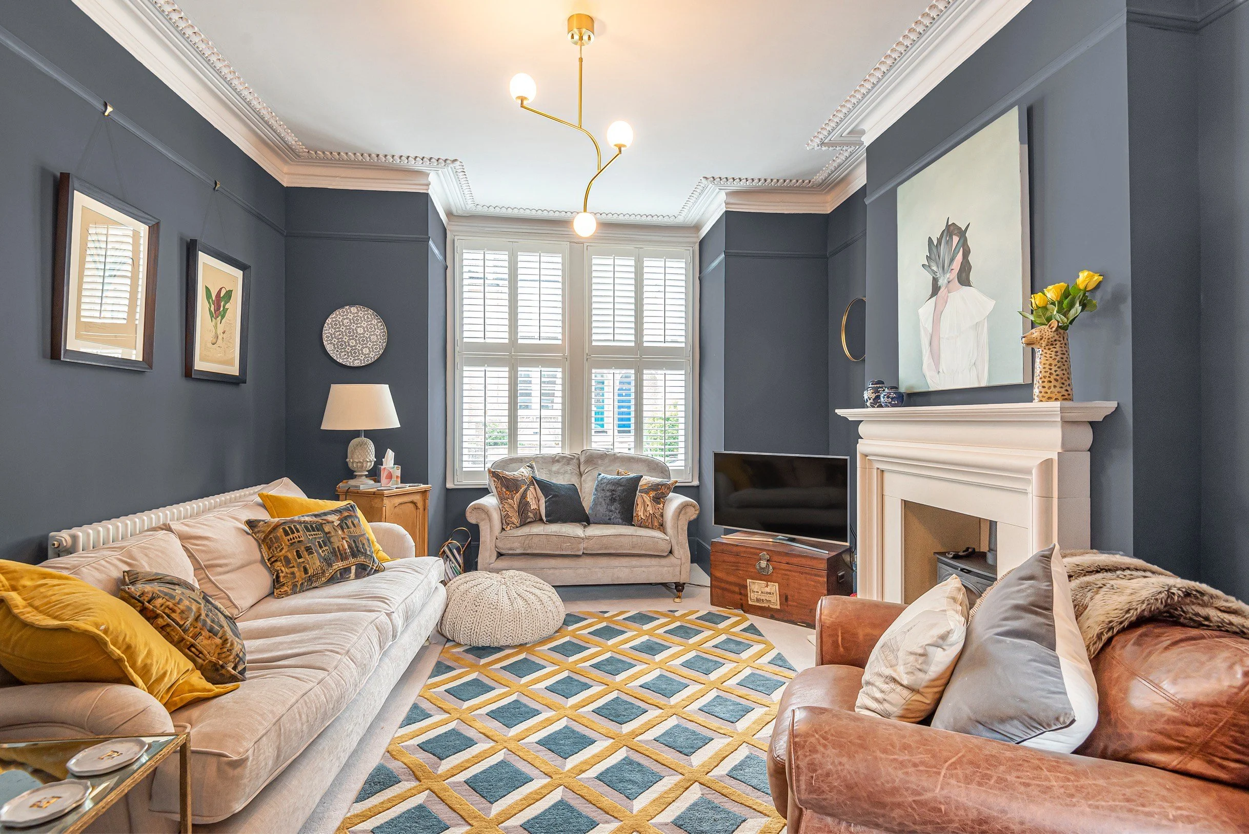 Living Room with Dark Blue Walls