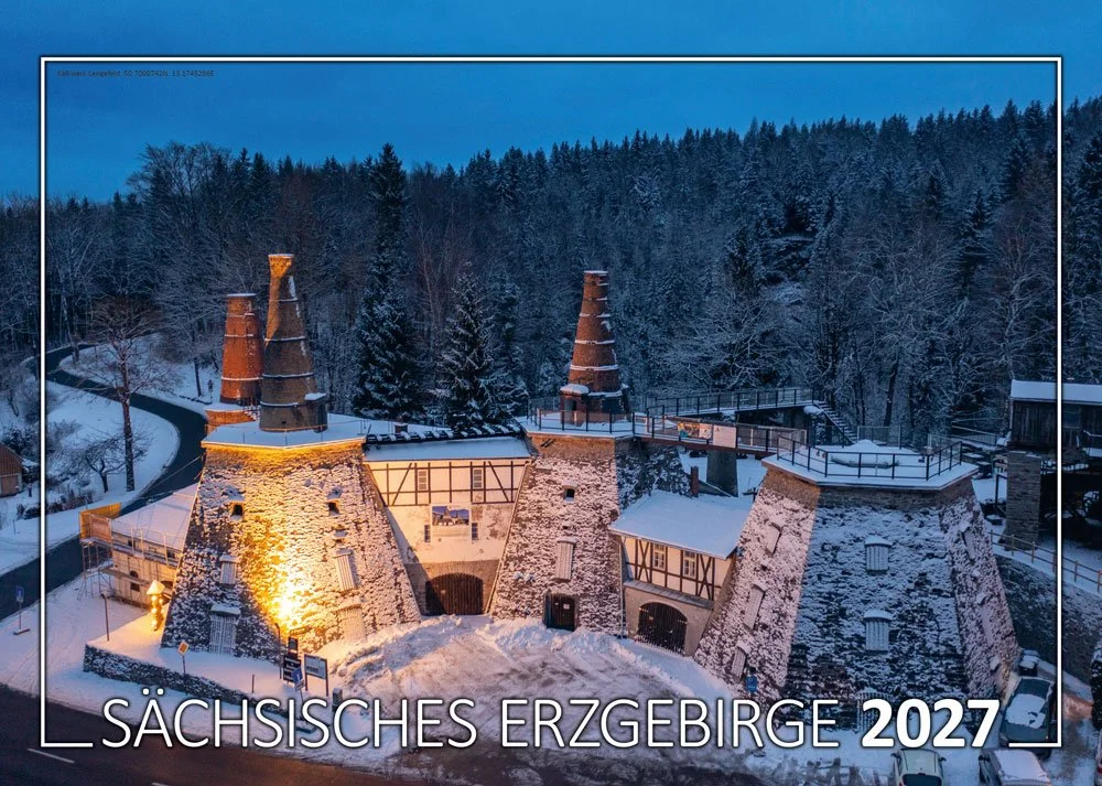 Kalender Sächsisches Erzgebirge 2027 Titelbild Kalkwerk Lengefeld im Winter Verlag Tschirner und Co