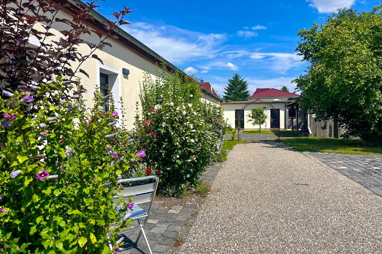 Zugang zu den Apartments der Senfbude über den begrünten Innenhof mit blühenden Sträuchern und Sitzgelegenheiten