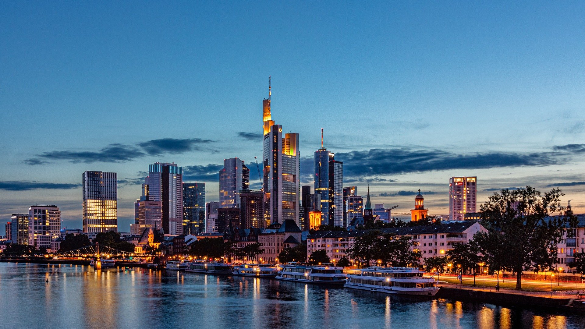 Frankfurt's skyline, high buildings by the canal