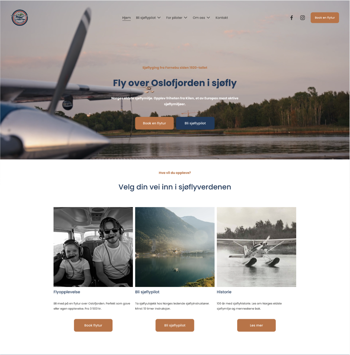 Hjemmeside for sjøflygning over Oslofjorden, med bilder av sjøfly, natur og personer som opplever sjøflygning.