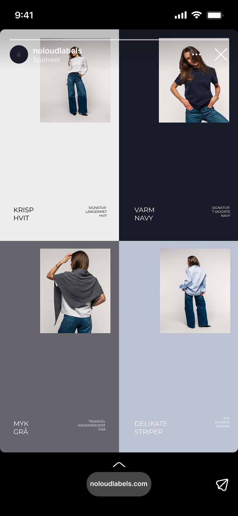 Bilde av fire motebilder av kvinner iført ulike jeans og topper, med fargenavn og stiler, presentert i et gridformat.