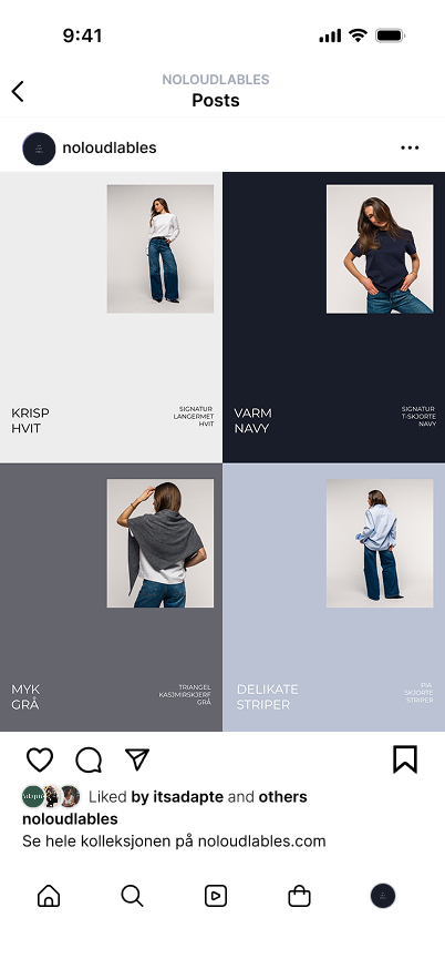 Instagram-innlegg med bilder av ulike klær i fire forskjellige farger og stiler