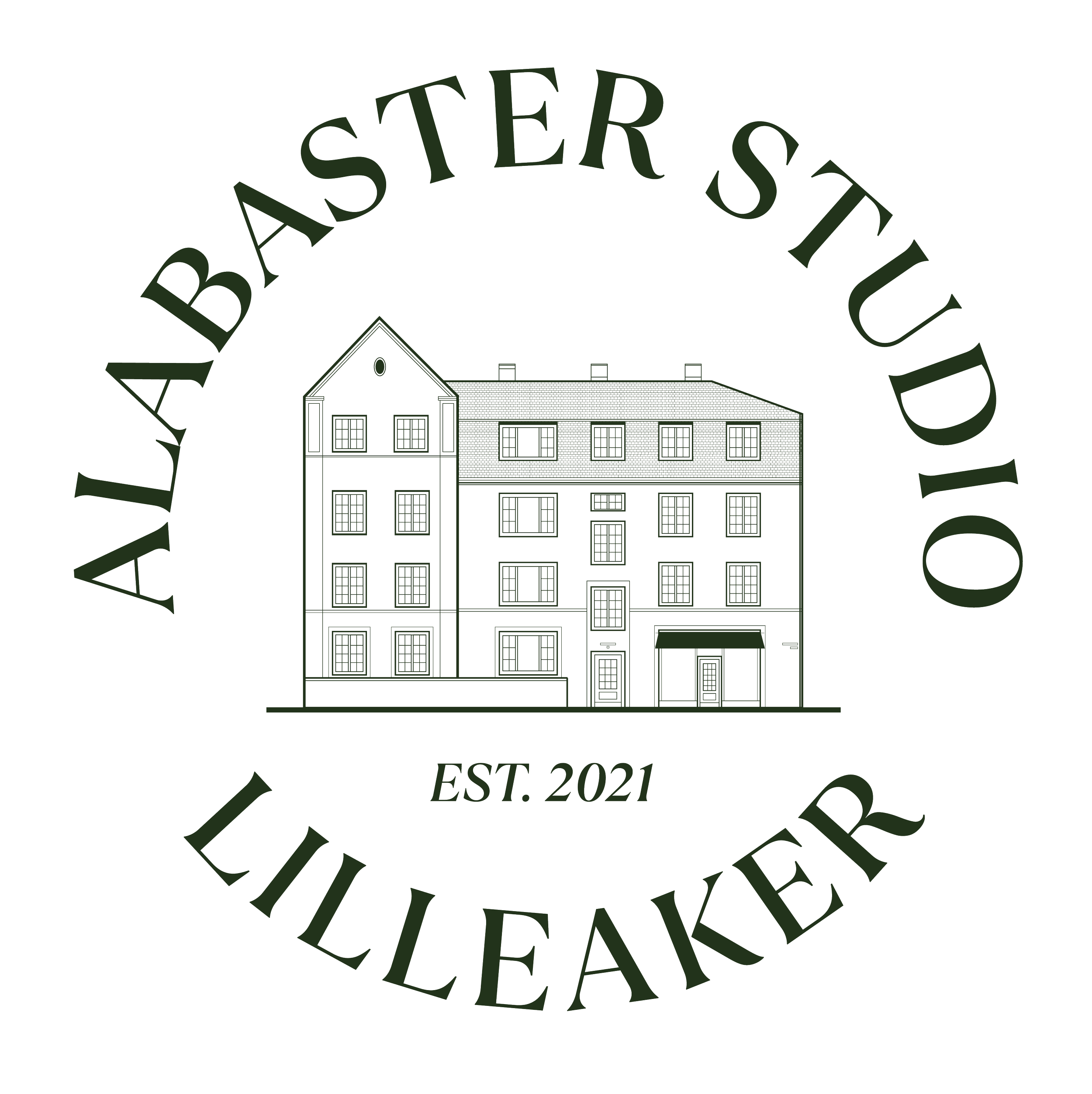 En svart-hvitt illustrasjon av en bygning med teksten "MILLARKER" og "EST. 2021" rundt, på en svart bakgrunn.