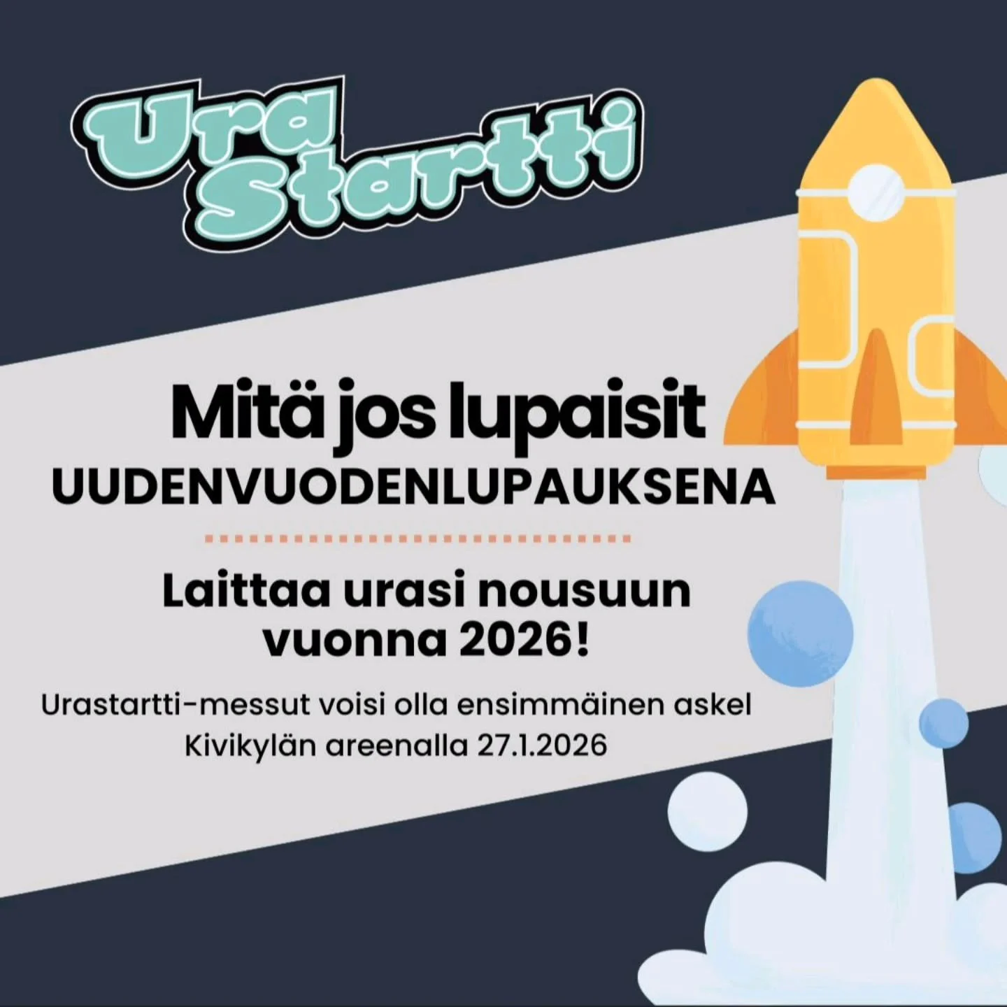 Mahtavaa uutta vuotta! ✨
Mit&auml; jos t&auml;n&auml; vuonna lupaisit laittaa urasi nousuun? Olisiko ensimm&auml;inen askel tulla hakemaan ideoita urastartti-messuilta 27.1.2026 Kivikyl&auml;n areenalle? 🤩
#urastartti