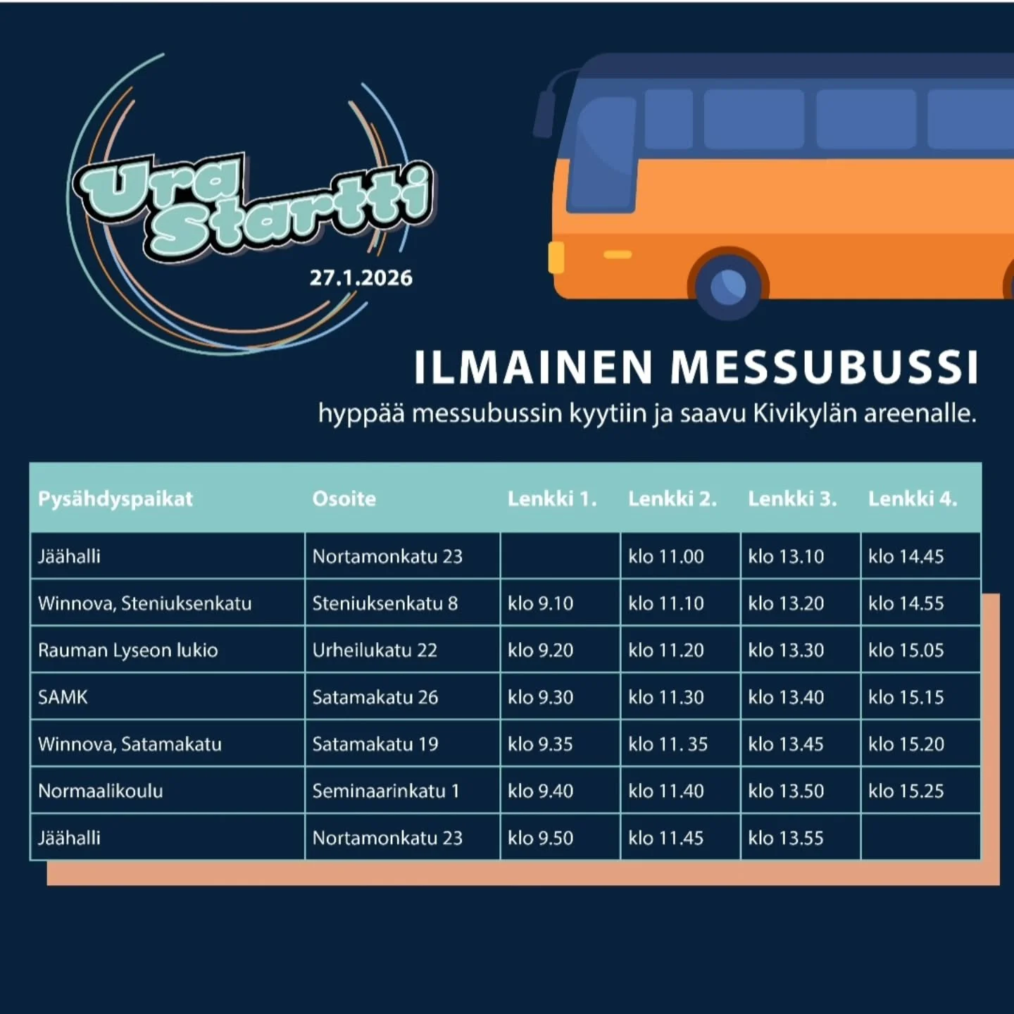 Ylihuomenna jo n&auml;hd&auml;&auml;n!
Bussin kyydill&auml; p&auml;&auml;see k&auml;tev&auml;sti kivikyl&auml; areenalle!
27.1. kello 9-15

#urastartti