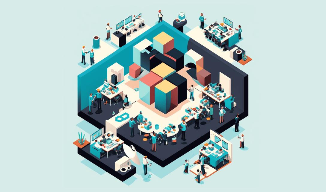 Isometric illustration of a collaborative office environment with diverse individuals working at computer stations, discussing around tables, and engaging in activities. Central focus on large colorful cubes symbolizing teamwork and innovation. Monitors, office furniture, and decor elements present.