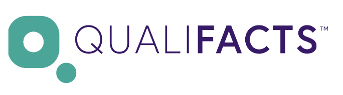 Qualifacts logo with green abstract symbol and purple text