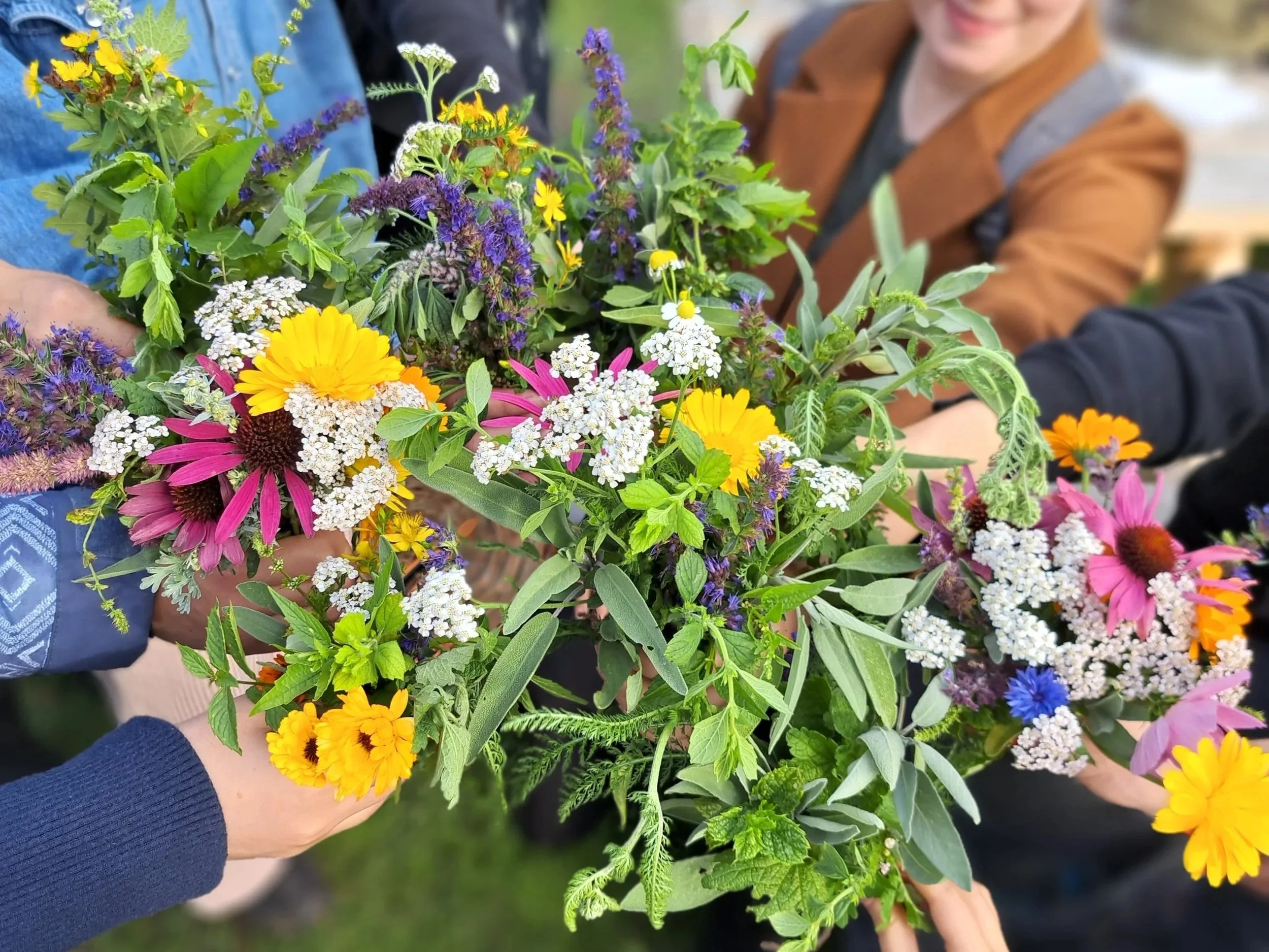 Multiple hands are holding a large colorful bouquet of various flowers including yellow, pink, purple, white, and orange blossoms with green foliage.