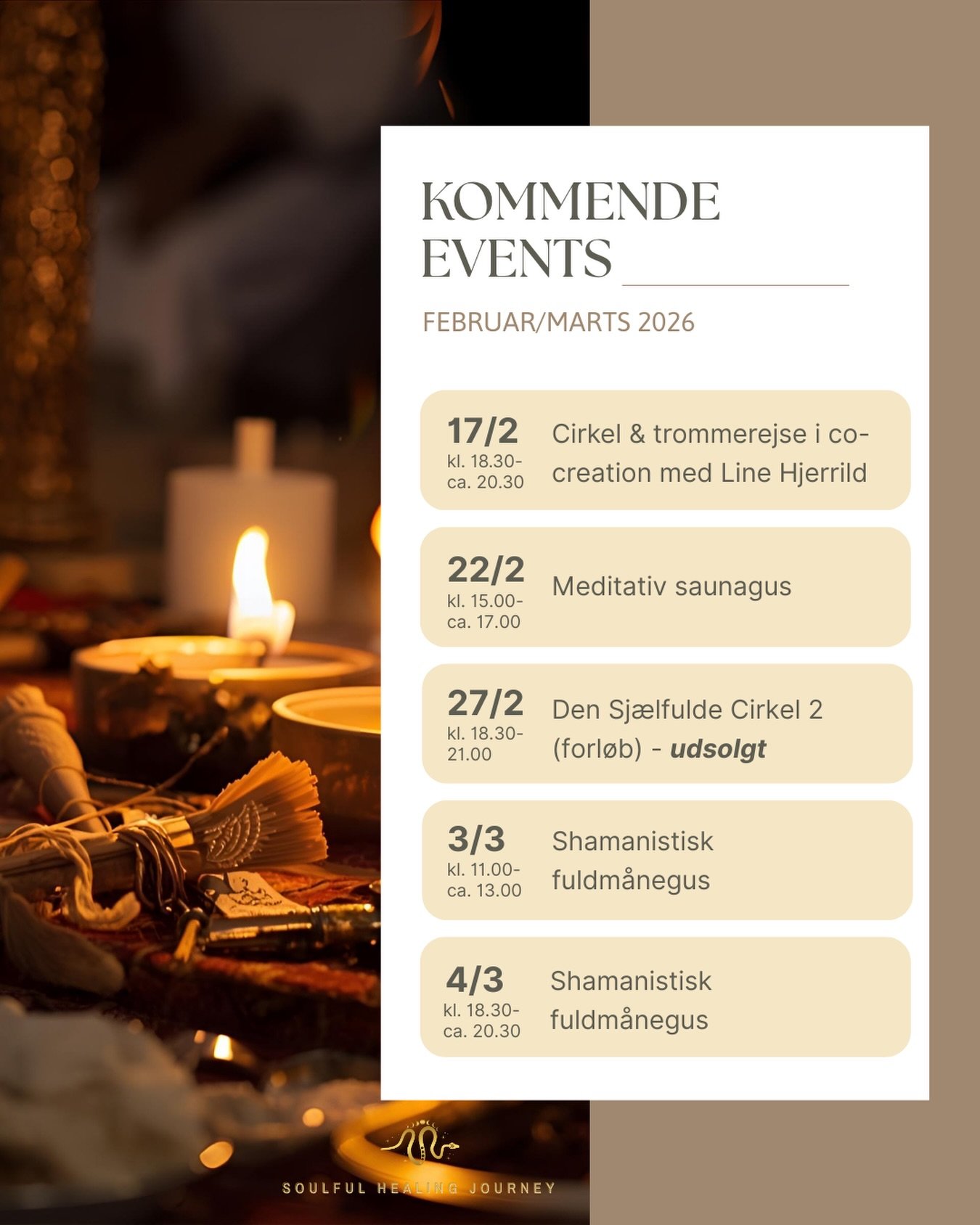 Hvis du m&aelig;rker et kald p&aring; at l&aelig;ne dig ind i det rum, jeg holder og faciliterer, f&aring;r du her et overblik over, hvilke muligheder der er for det i februar og begyndelsen af marts ✨&hearts;️

Jeg h&aring;ber, at vi ses! 🫶🥰

Send