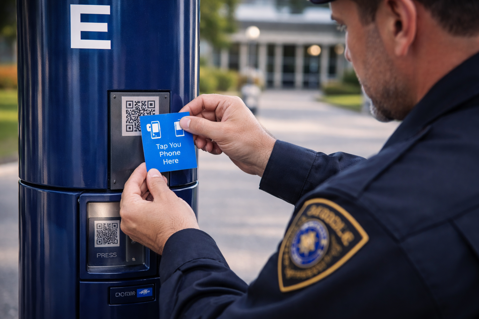 A security guard is applying the NFC tag to a code blue emergency tower for tracking purposes.