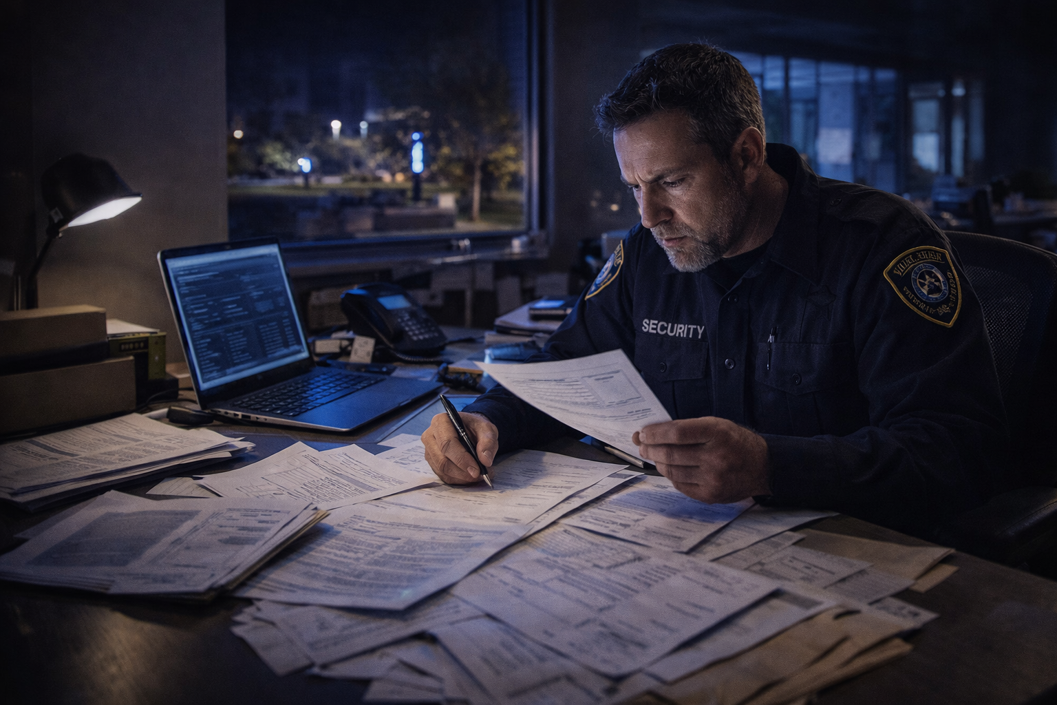 A security guard sorting though a bunch of paperwork, he looks frustrated.