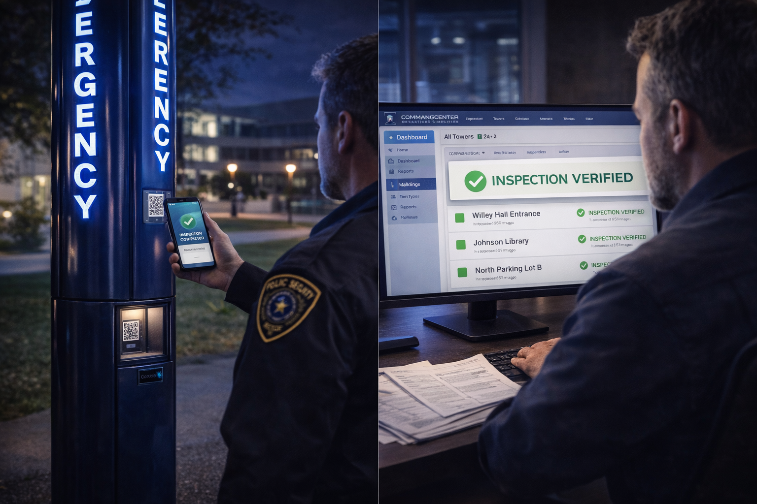 A split screen on the left is a security guard inspecting the code blue tower and recording it on a mobile device. On the right is the supervisor sitting at his desk receiving notification of the inspection in real-time.