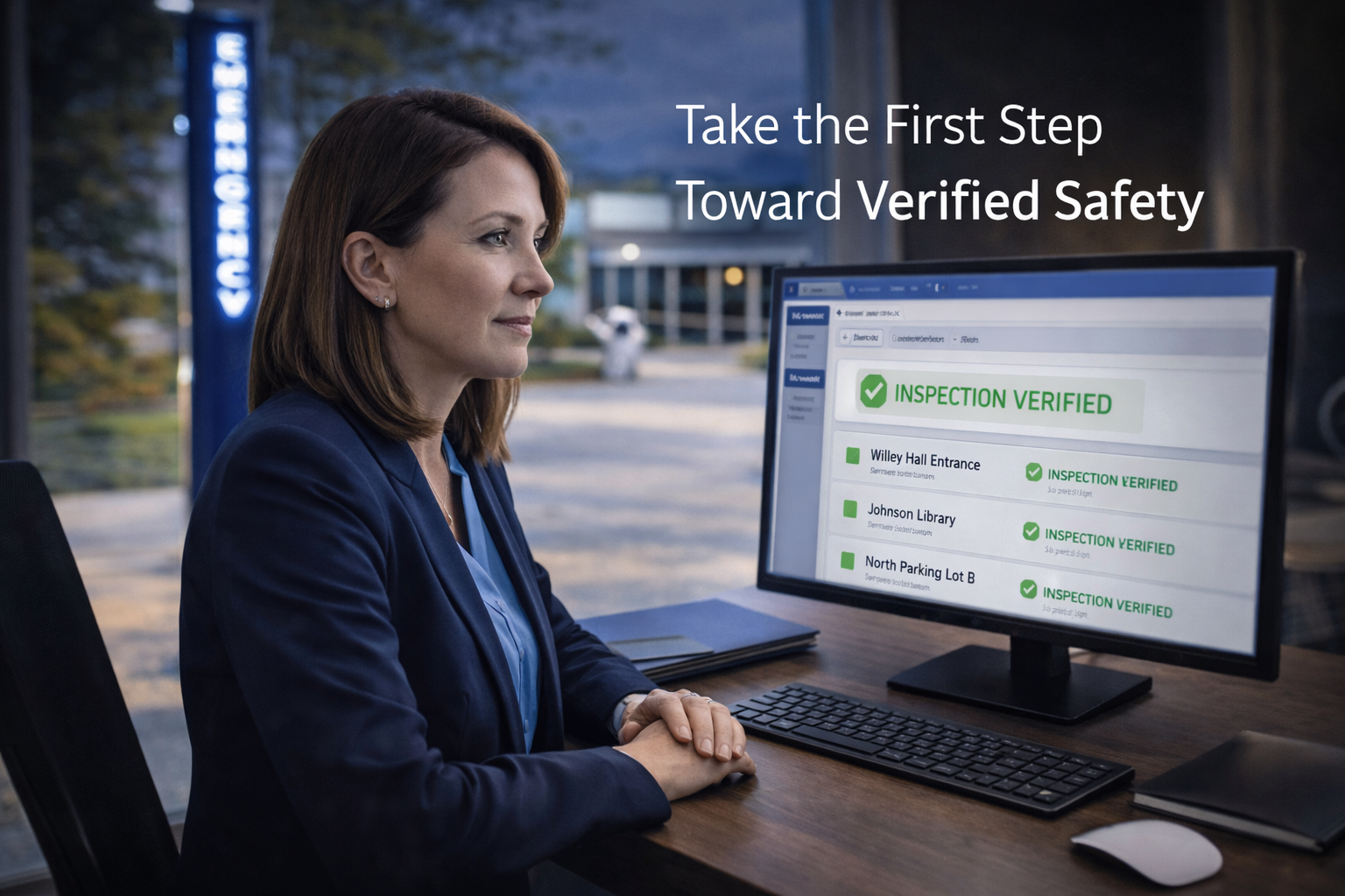 A manager at their desk with a code blue emergency light in the back ground sitting at her desk, happy, with a real-time view of security tasks.