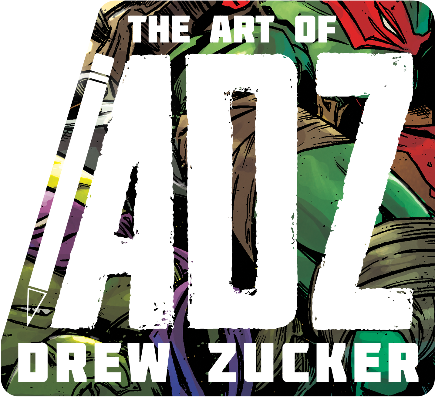 A bold and solid logo featuring the letters A D Z as the abbreviation for the Art of Drew Zucker, and featuring bold colorful image of the teenage mutant ninja turtles in the background.