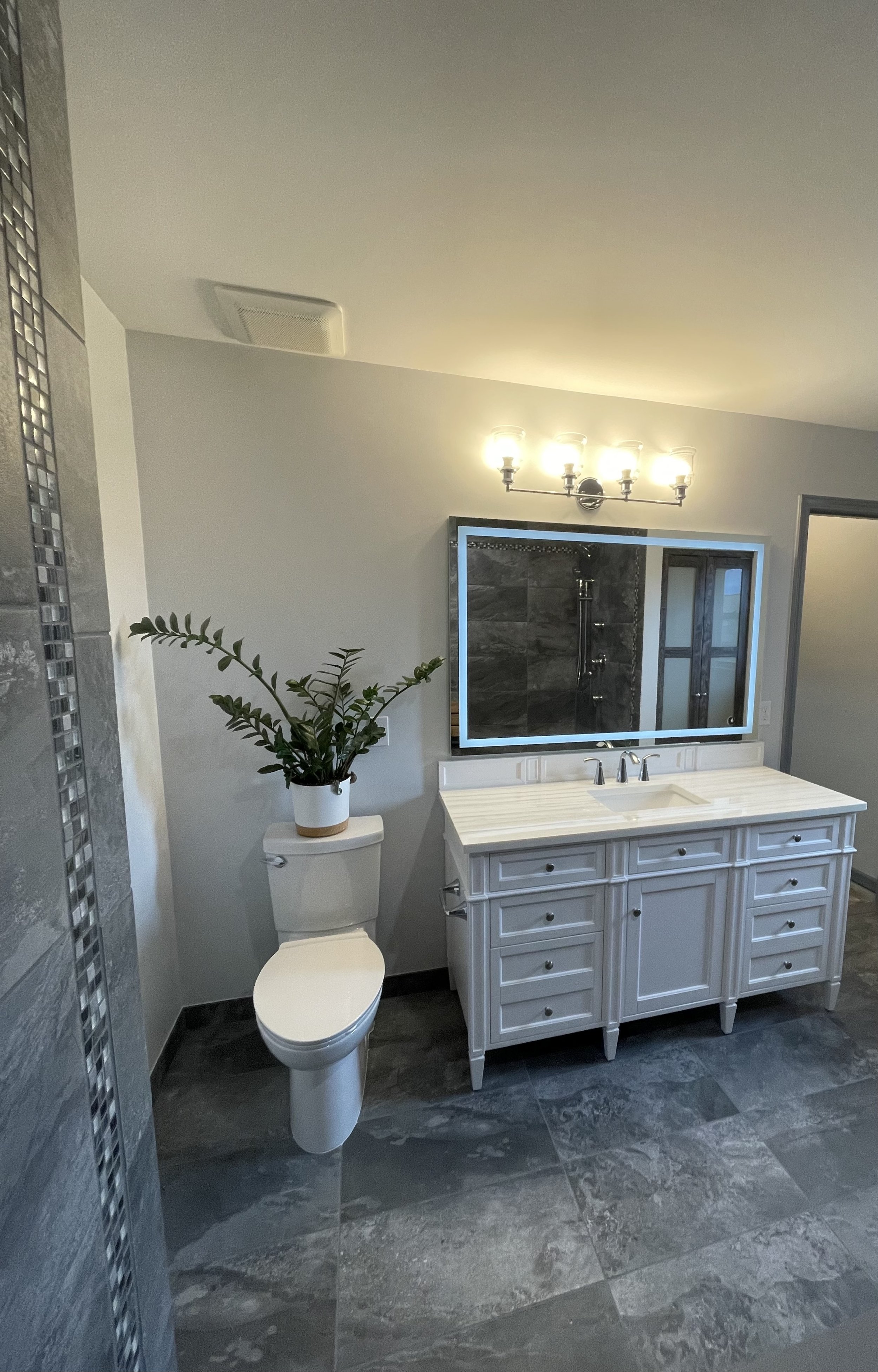 Bathroom with a white vanity, large mirror with lighting, toilet with a plant on top, and dark tiled flooring.