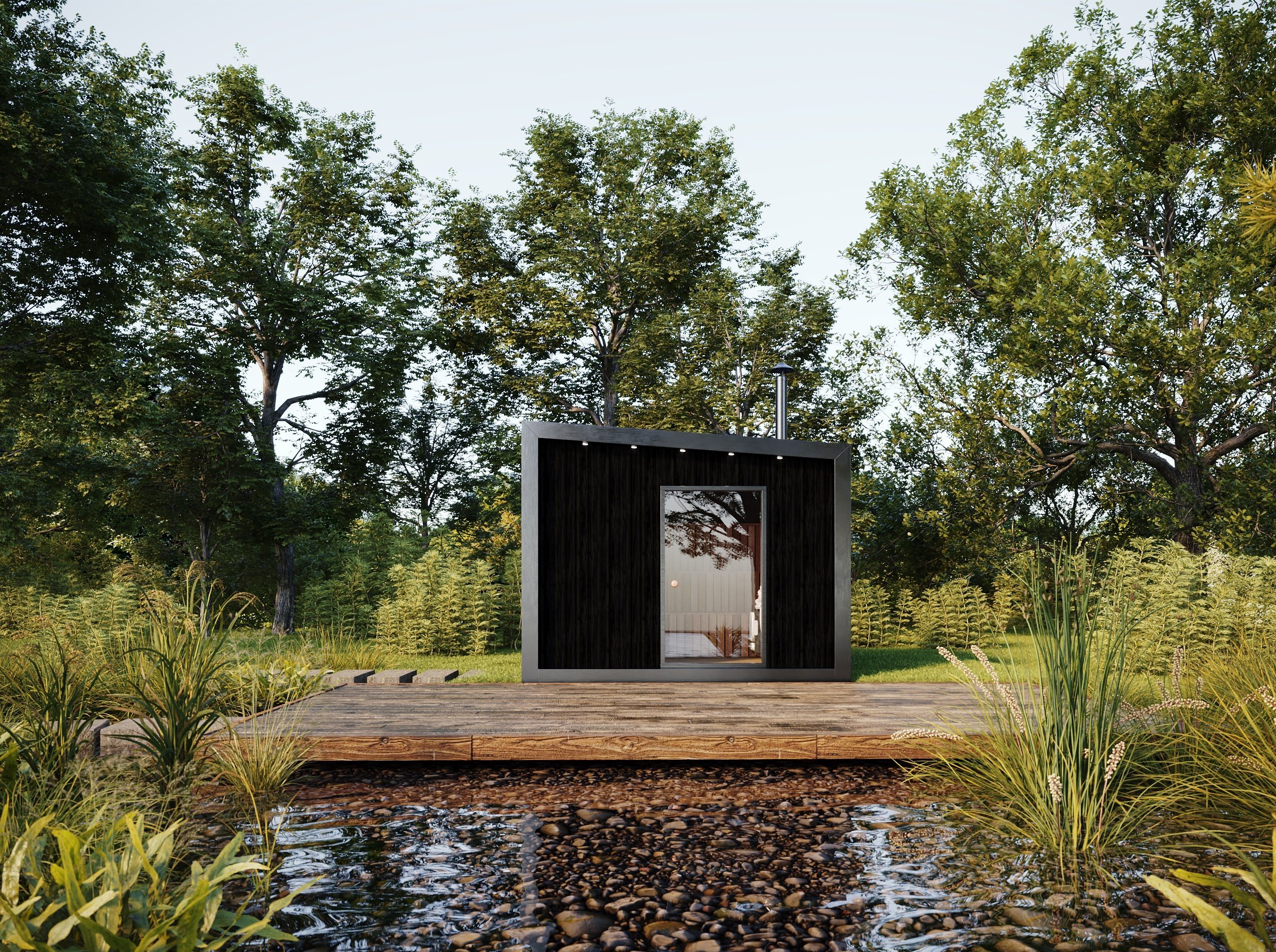 Ronja: outdoor sauna that seats up to 8 people, available as an infrared, a wood burning or an electric outdoor sauna with lower and upper benches and porch area with seating and storage.