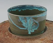 Handcrafted-Ceramic-Plant-Pot-w-Tray-Blue-w-Dk Green-Glaze